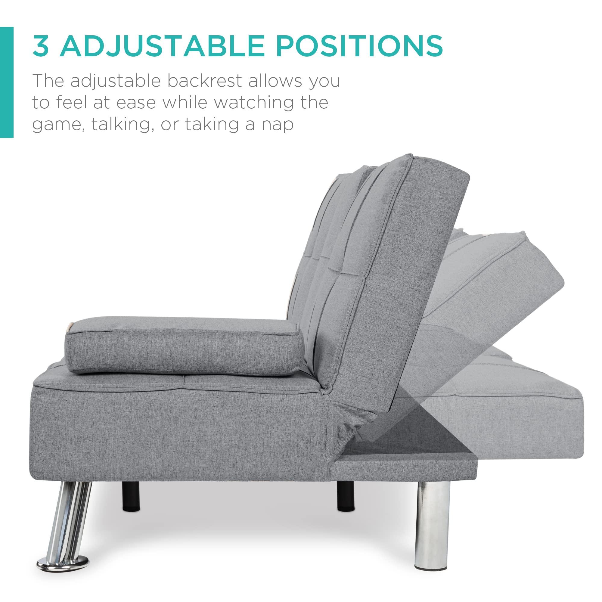 Best Choice Products Linen Modern Folding Futon, Reclining Sofa Bed for Apartment, Dorm w/Removable Armrests, 2 Cupholders - Gray - Image 4