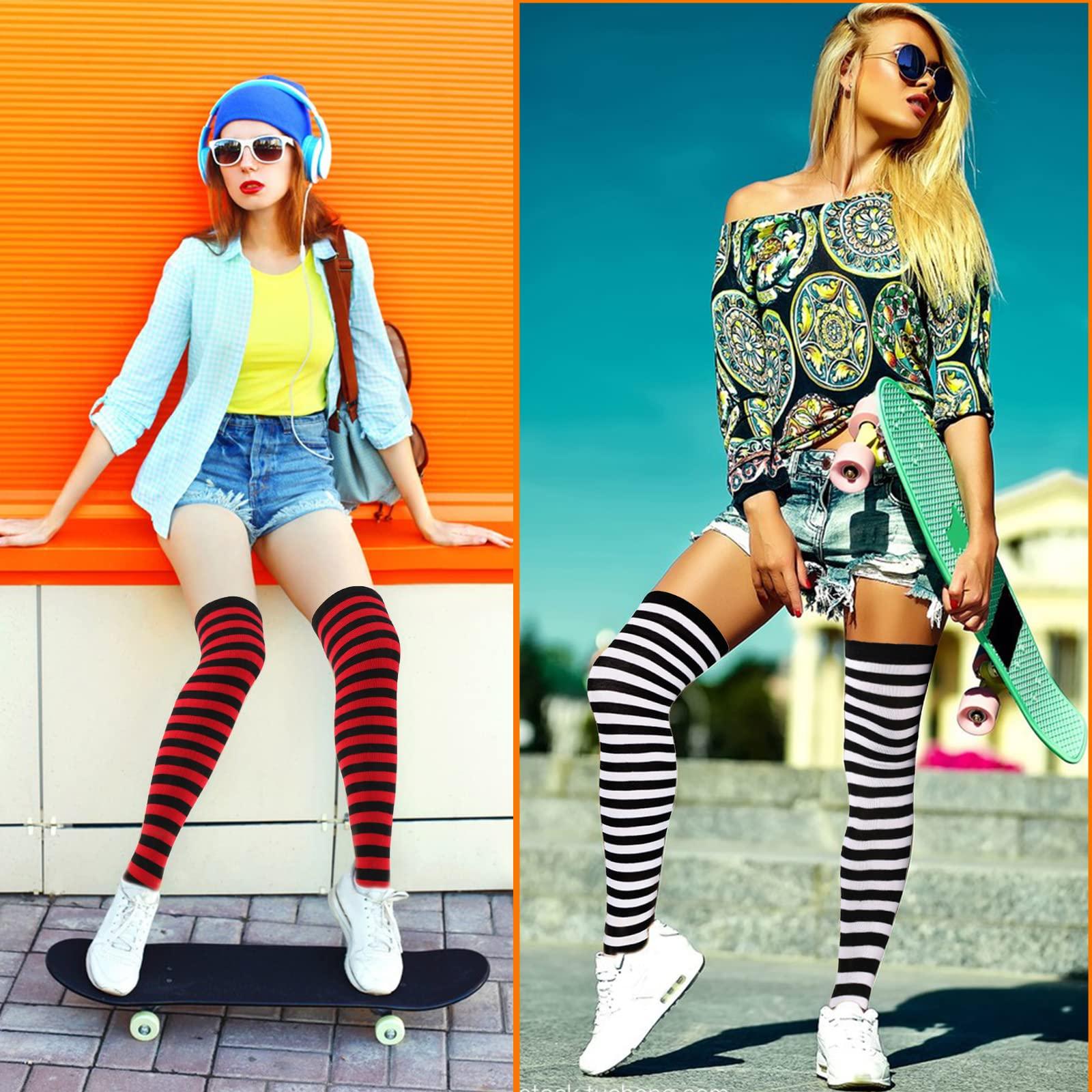 Barrlves 2/4 Sets Womens Striped Knee High Socks Long Knitted Arm Warmers Fingerless Gloves for Halloween Costume - Image 7