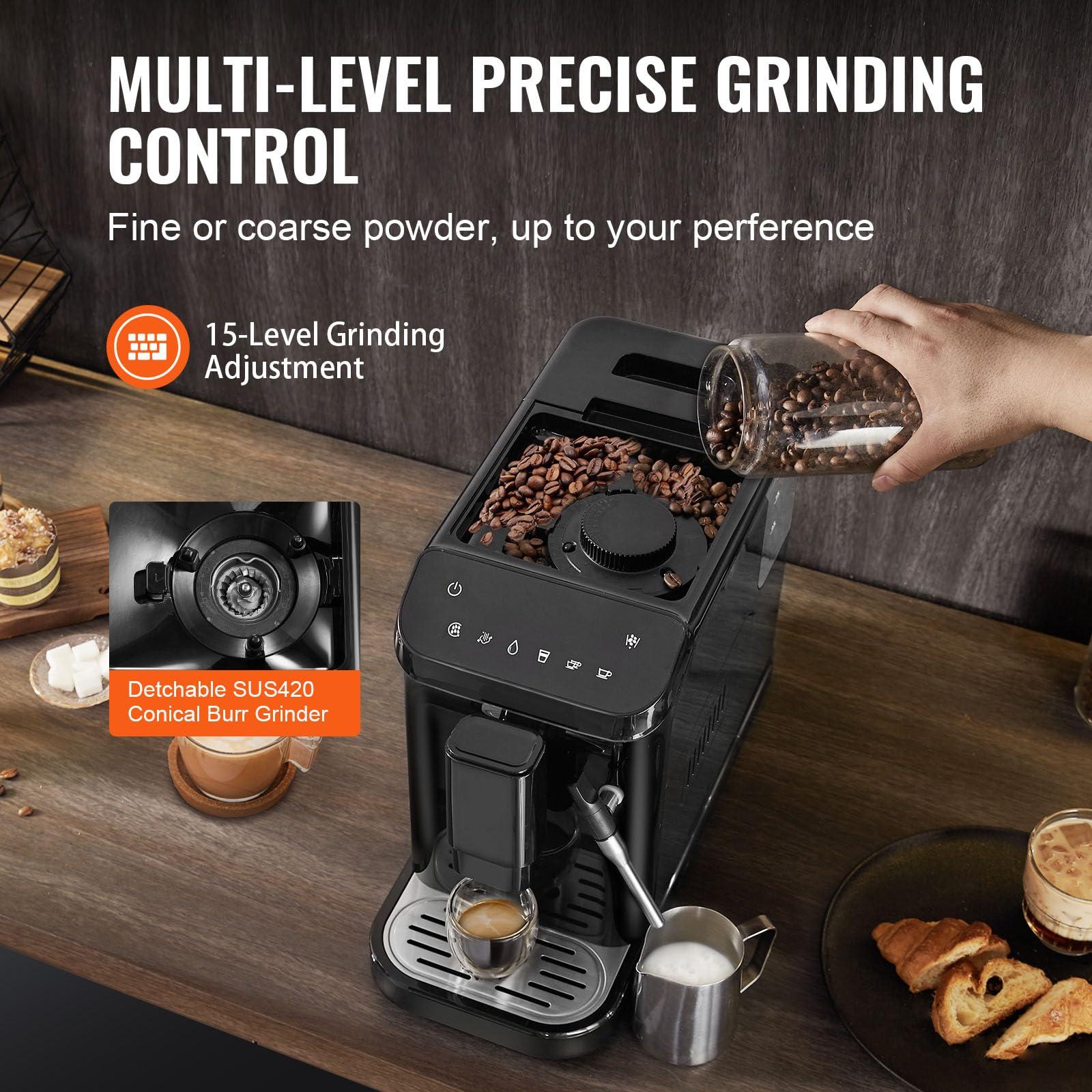 VEVOR Automatic Espresso Machine, 20 Bar Auto Coffee Machine with Frother Steam Wand, Built-In Grinder and 15-Level Grinding Settings, Professional Espresso Coffee Maker with 1.5L Water Tank - Image 5