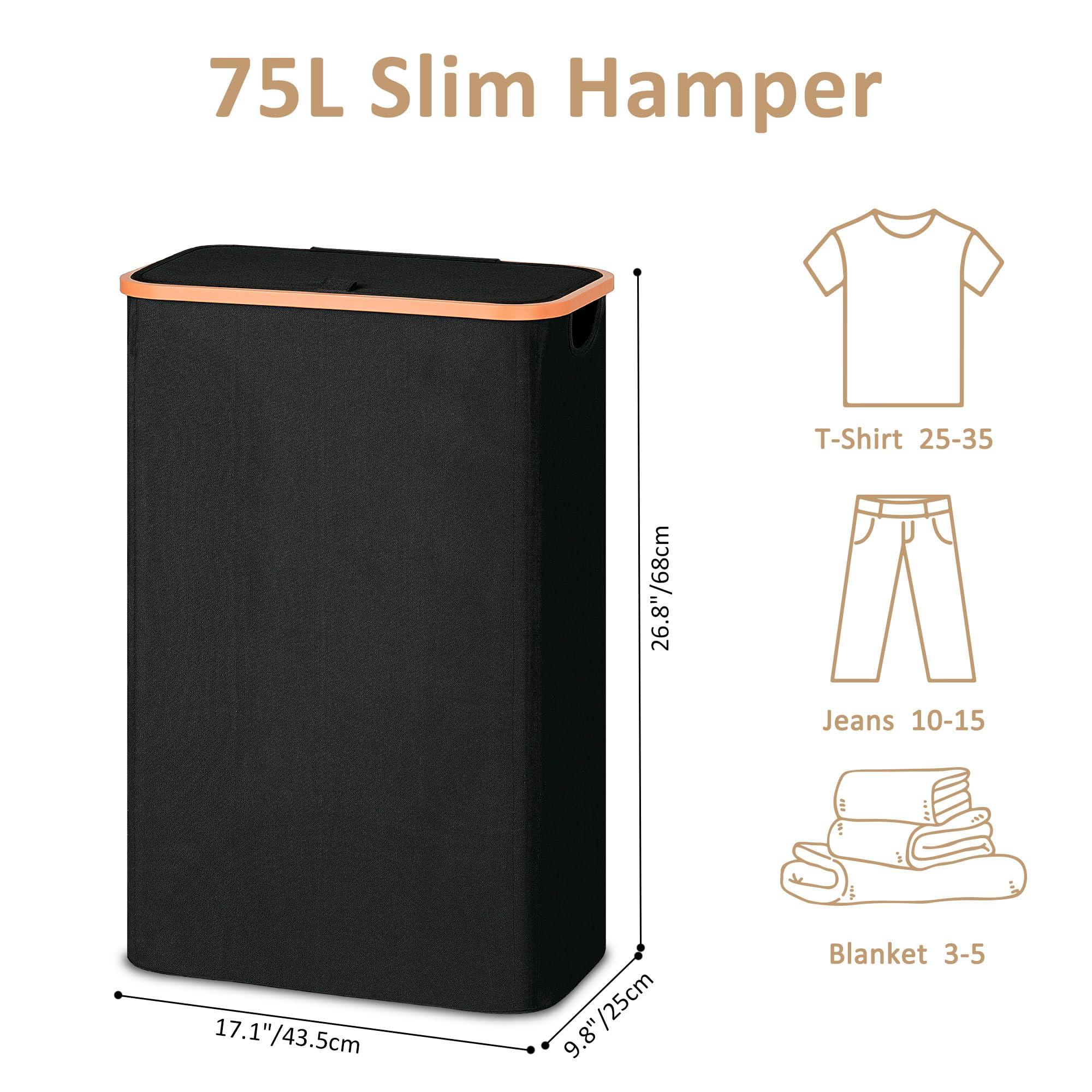 Vincona Slim Laundry Basket with Lid, Narrow Dirty Clothes Hampers for Laundry with ABS Handle, Skinny Laundry Bin for Laundry Room, Dorm, Bedroom and Bathroom, 19.8 Gallon (75L) Black - Image 3
