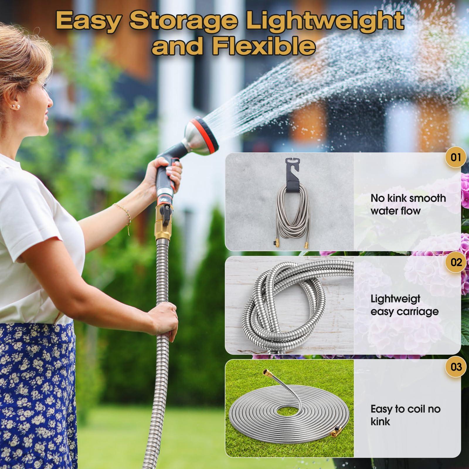 HODUP 60FT Metal Garden Hose Stainless Steel - Kink-Free Flexible Water Hose with Shut-Off Valve, Crush Resistant Brass Fittings, Ultra Lightweight & Rust Proof (Silver, 60FT Heavy Duty) - Image 3