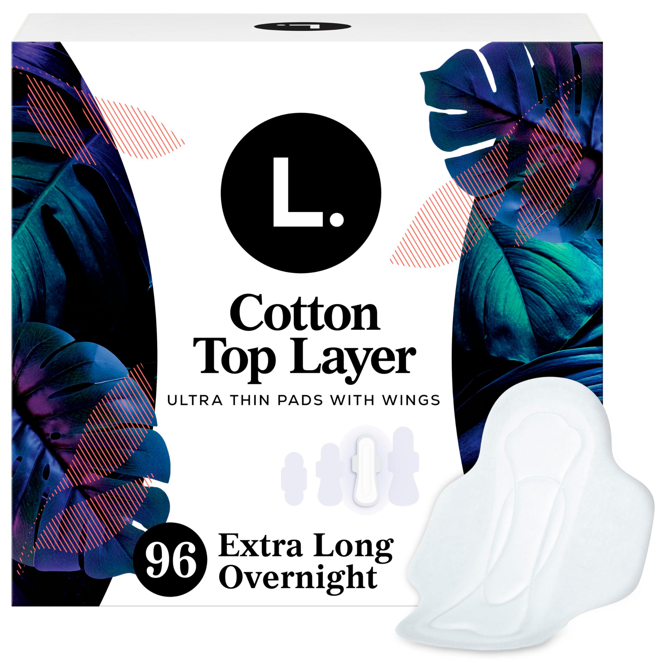 L. Ultra Thin Pads for Women, Overnight Absorbency, Organic Cotton Top Layer, Unscented Pads with Wings, 96 CT
