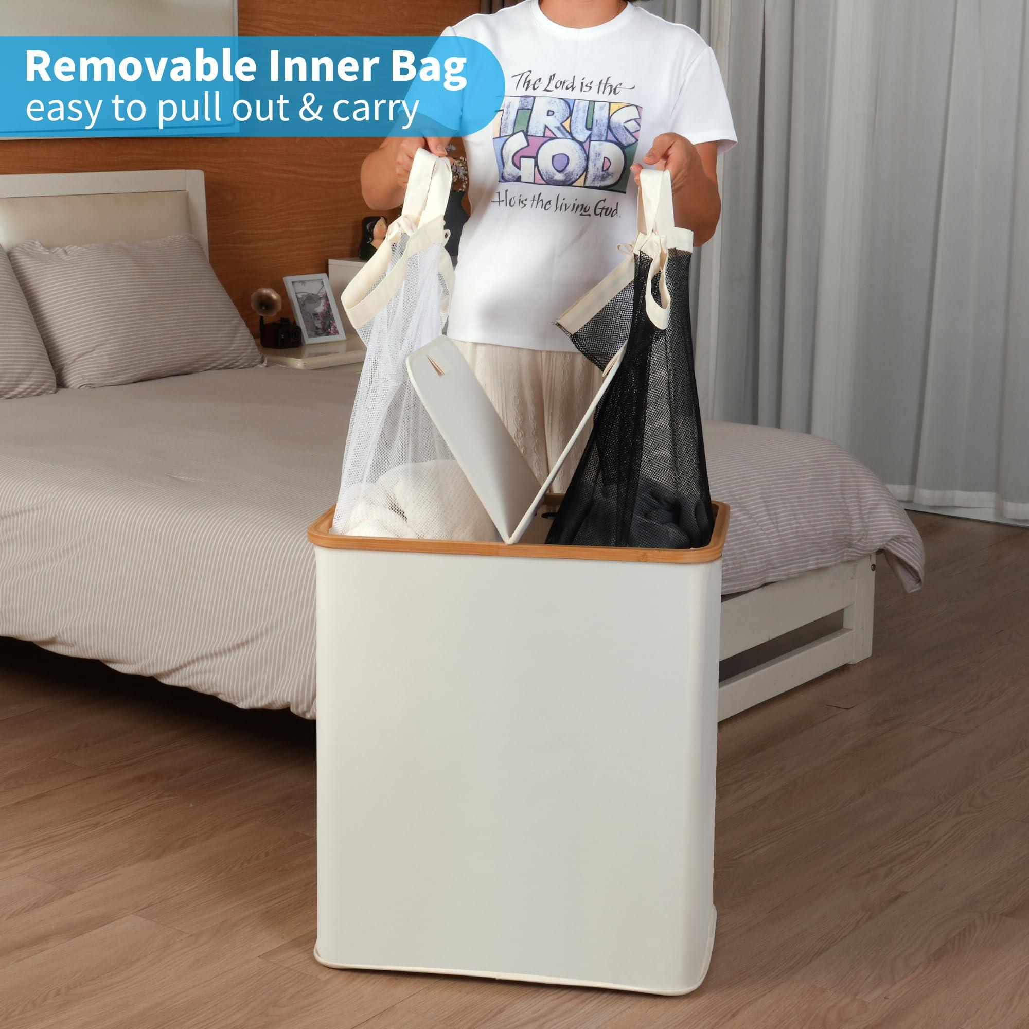 efluky Laundry Hamper with Lid, Double Laundry Hamper with 2 Removable Bags, 2 Section Laundry Basket with Bamboo Handles for Bathroom, Bedroom & Laundry Room, 140L (36.9 Gallon) Beige - Image 7