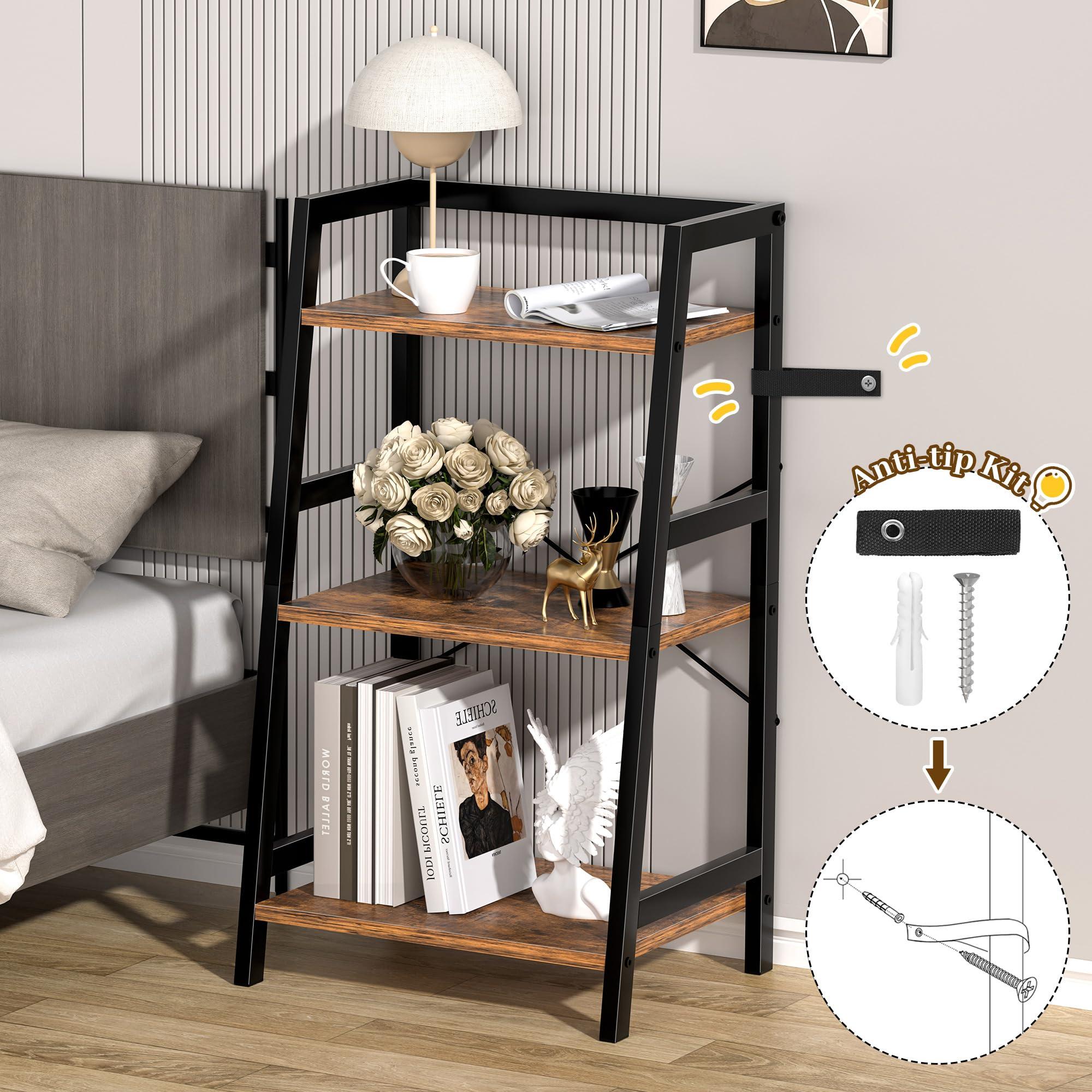 3-Tier Bookshelf, Ladder Shelf, Industrial Bookcase with Steel Frame, Metal Small Bookcase, Stand up Shelves for Living Room, Home Office, Kitchen, Bedroom, Industrial Style（Rustic Brown & Black） - Image 4