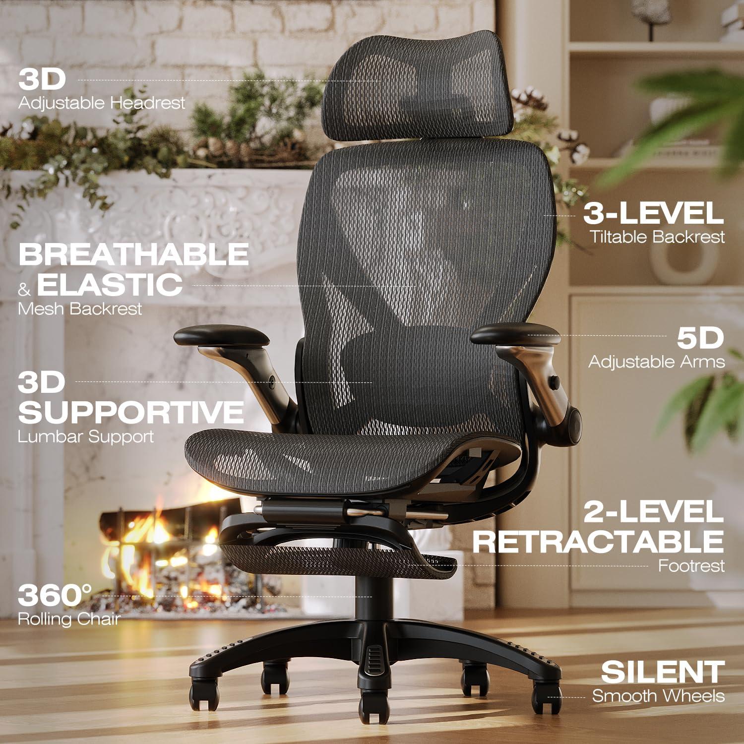 ELABEST X100 Ergonomic Office Chair with Footrest, Big and Tall Home Desk Chair with 5D Flip-Up Arms, Adjustable 3D Adaptive Lumbar Support,High Back Rolling Computer Chair, Swivel Gaming Mesh Chairs - Image 3