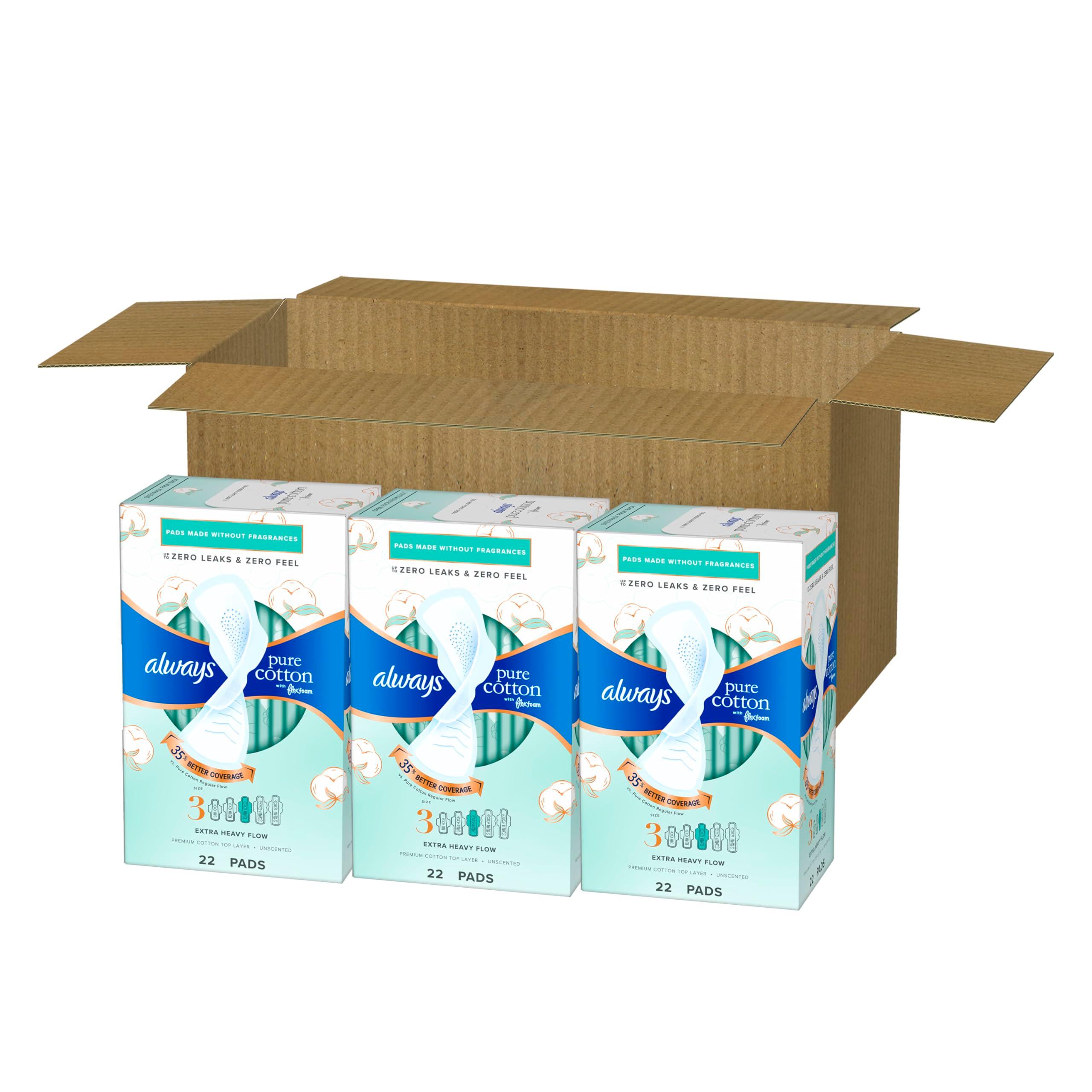 Always Pure Cotton Feminine Pads for Women, FlexFoam Pads with Wings, Size 3, Extra Heavy Flow Absorbency, Made with a Premium Cotton Top Layer, 22 Count x 3 Packs (66 Count Total)(Packaging May Vary) - Image 11