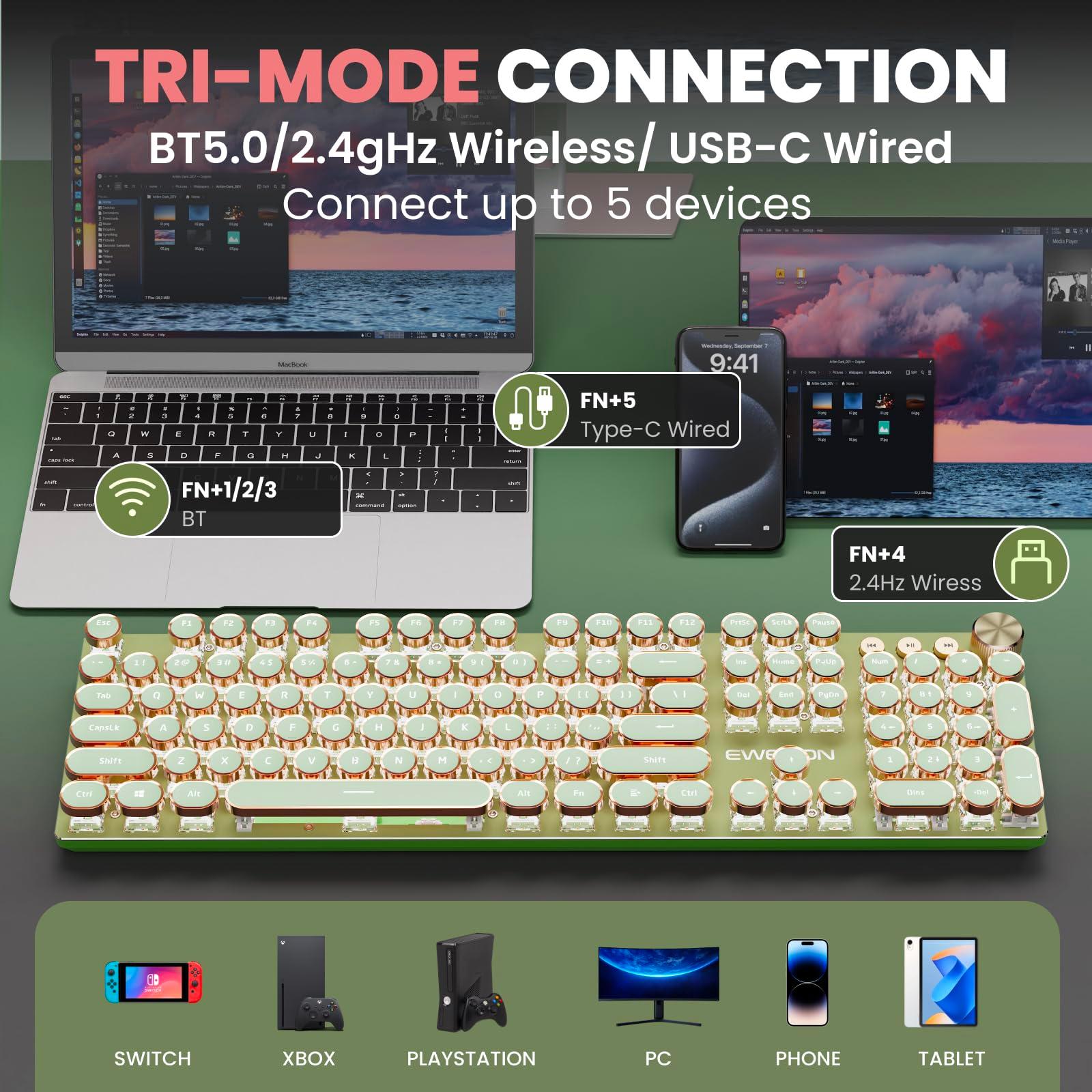 EWEADN V20 Typewriter Keyboard Wireless, 104 Keys Typewriter Style Mechanical with White Backlit, Media Knob, Pink Switch 2.4G/Bluetooth/USB-C Wired Retro Full Size Keyboard for Windows/Mac/PC-Green - Image 3