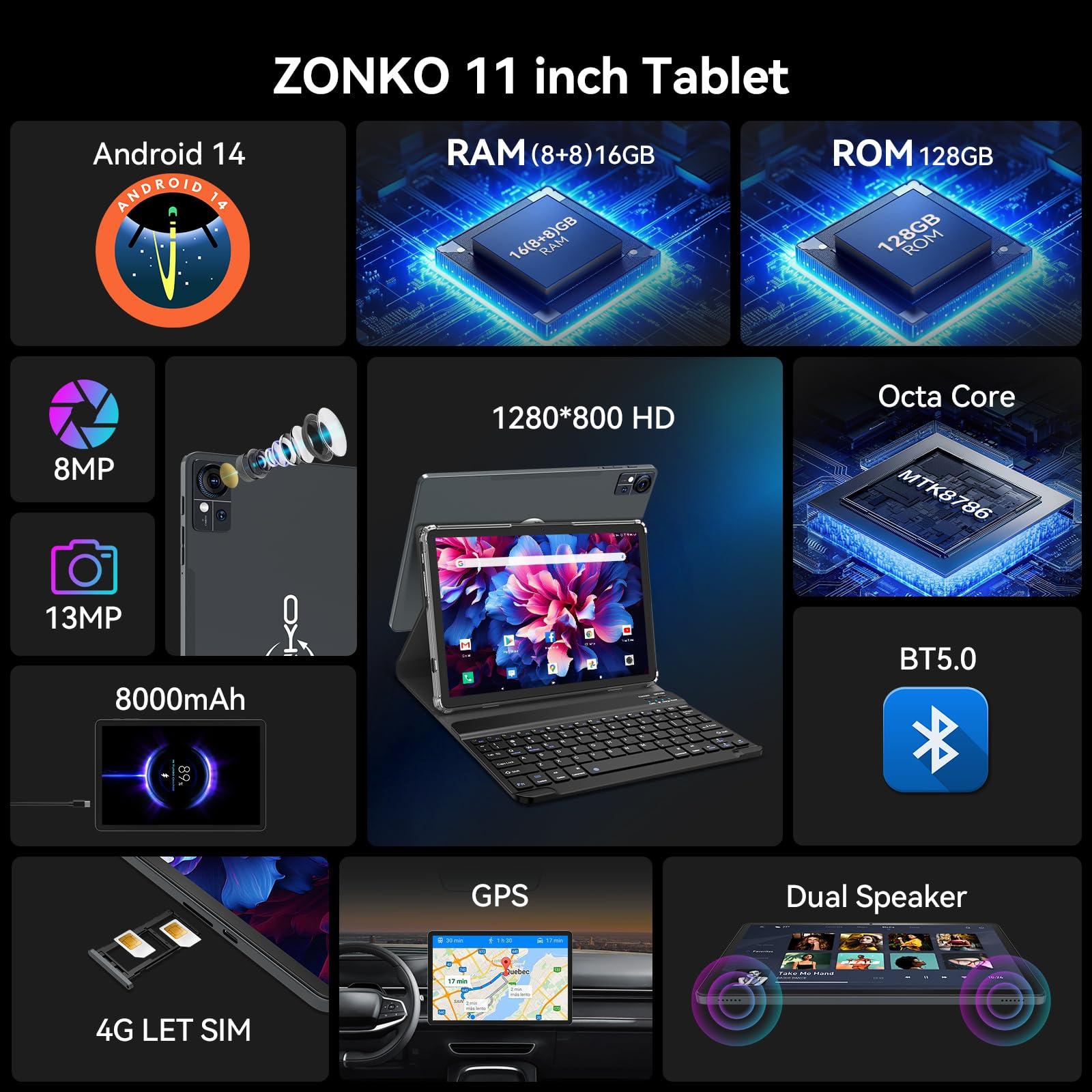 2025 Release 11 inch Tablet, Android 14 Tablets with Keyboard, 16(8+8)GB RAM 128GB ROM 1TB Expand, 2.4G/5G WiFi Tablet with BT 5.0, 13MP Camera, Octa-Core, 8000mAh, GPS, 11" Big Incell Screen-Gray - Image 2
