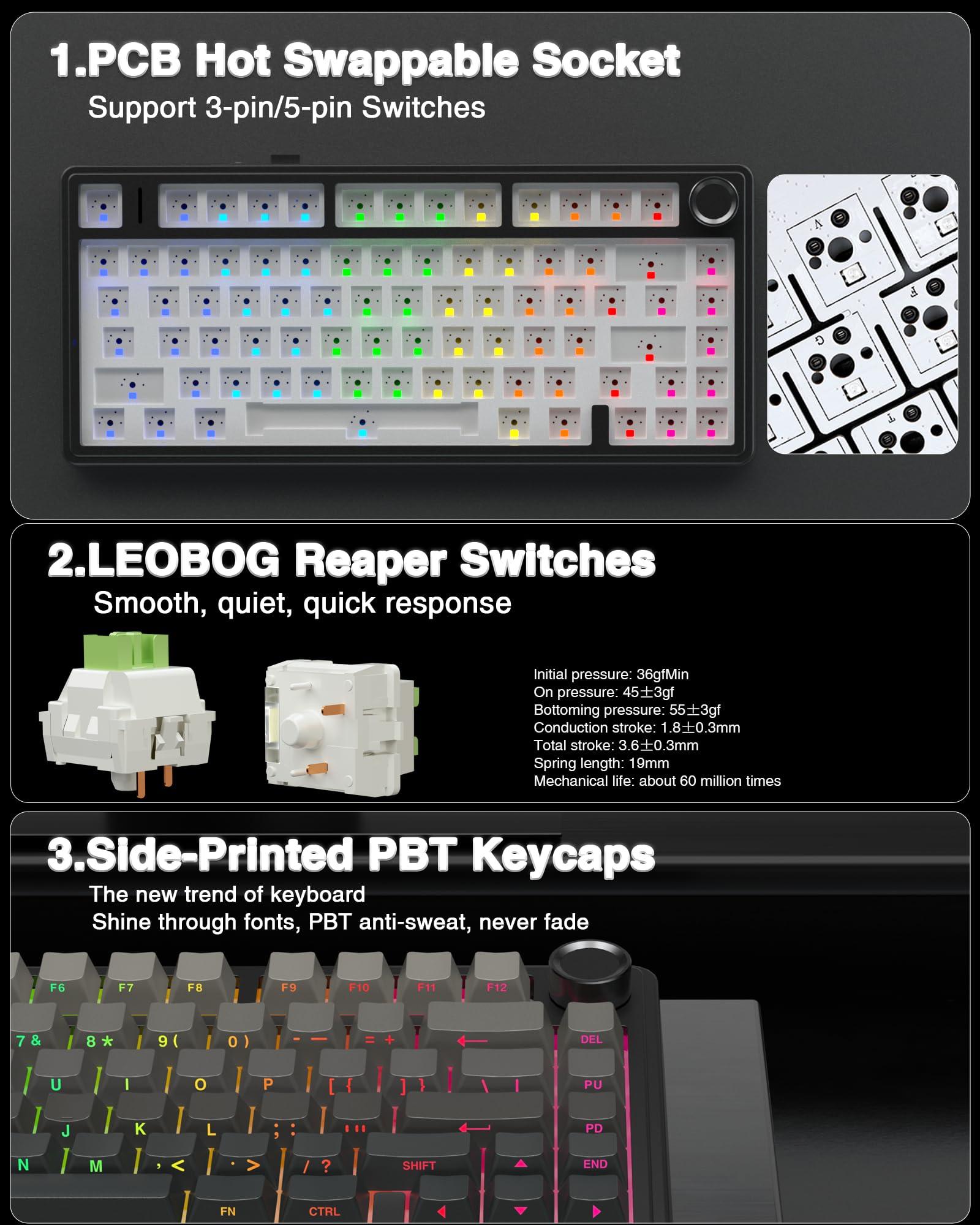 AULA F75 Pro Wireless Mechanical Keyboard,75% Hot Swappable Custom Keyboard with Knob,RGB Backlit,Pre-lubed Reaper Switches,Side Printed PBT Keycaps,2.4GHz/USB-C/BT5.0 Mechanical Gaming Keyboards - Image 5