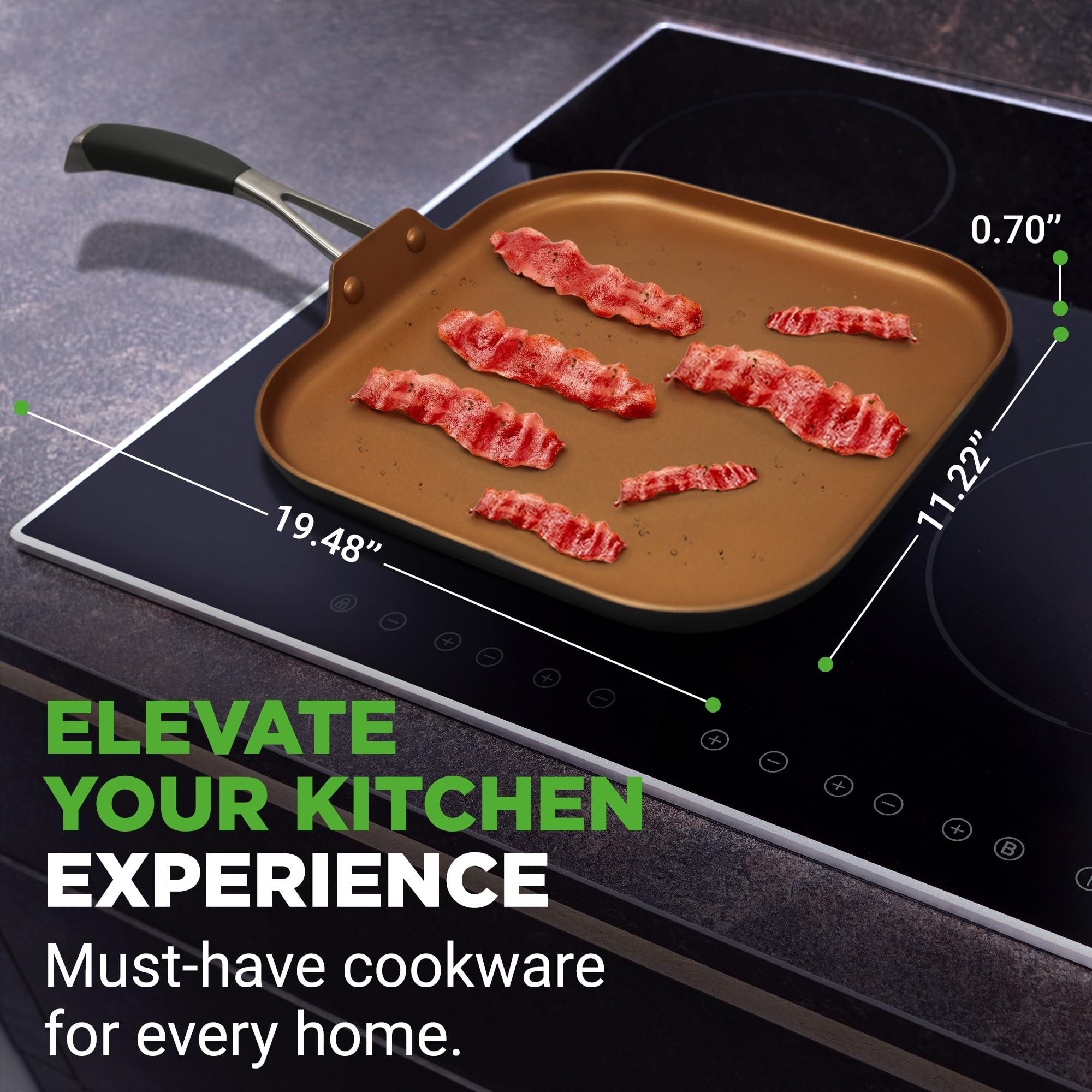 NutriChef Copper Pan Non-Stick Coating Inside, Hard-Anodized Look Heat Resistant Lacquer Outside, Silicone Handle NCSQPA, 1 Griddle - Image 2