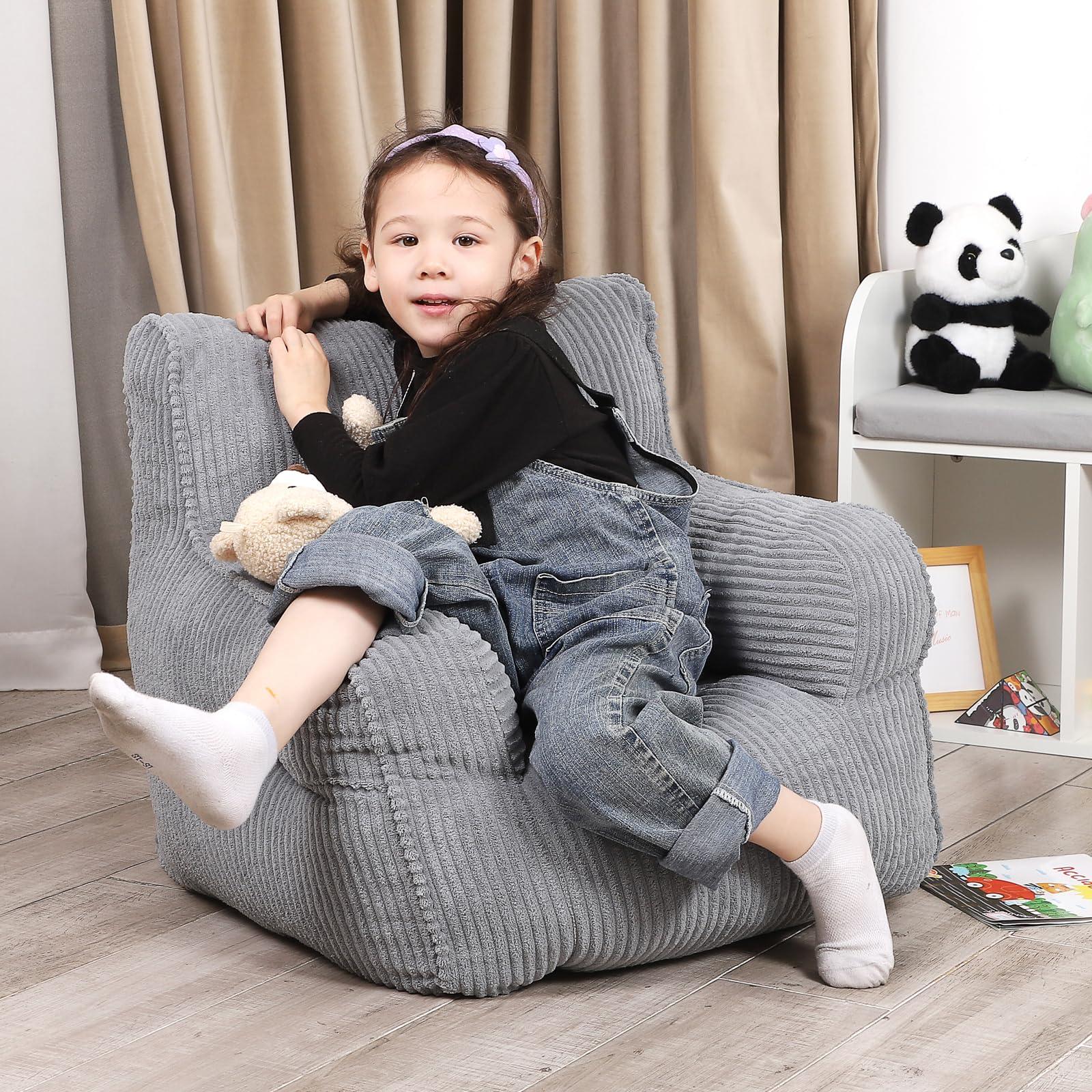 MOMCAYWEX Kids Bean Bag Chair with a Plush Bear, Comfy Toddler Chair for Boys and Girls, Grey - Image 4