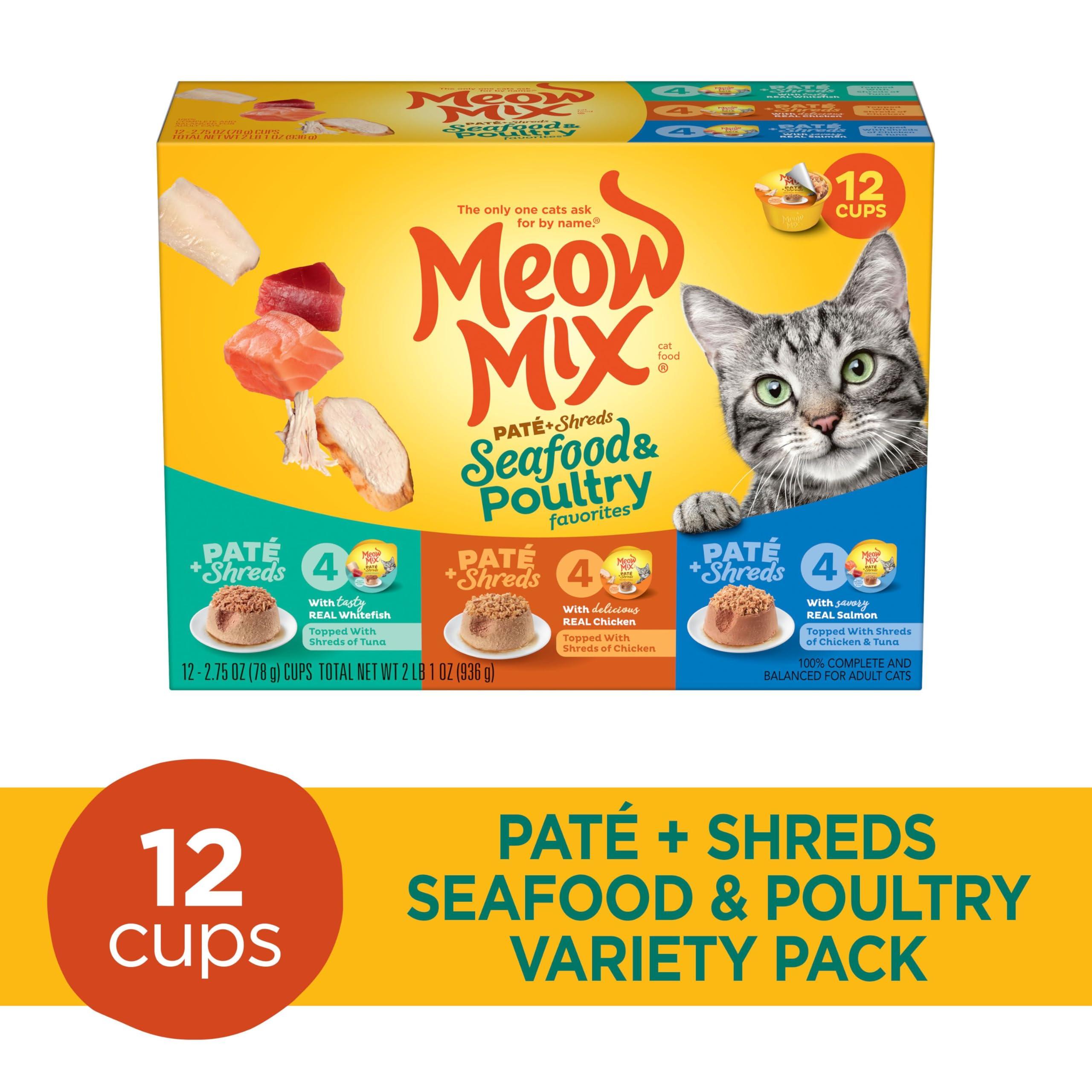 Meow Mix Paté & Shreds Wet Cat Food Variety Pack, Seafood & Poultry Favorites, 2.75 Ounce Cup (Pack of 12) - Image 2