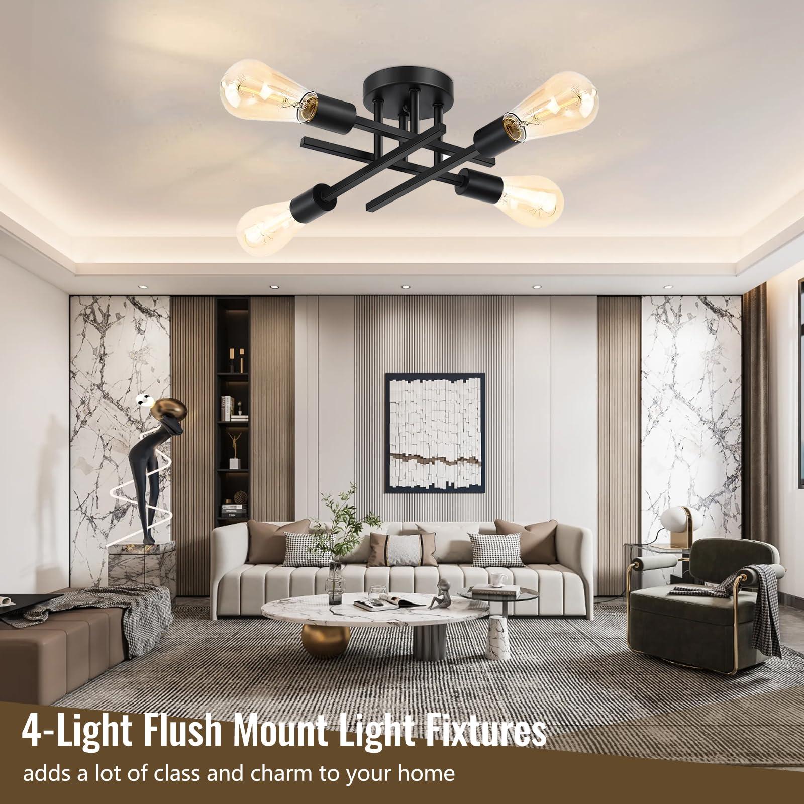 Ceiling Light, Dining Room Light Fixture with E26 Base, Semi Flush Mount Ceiling Light Fixture, Kitchen Lighting Fixtures Ceiling, 4-Light Matte Black Chandelier for Bedroom - Image 2