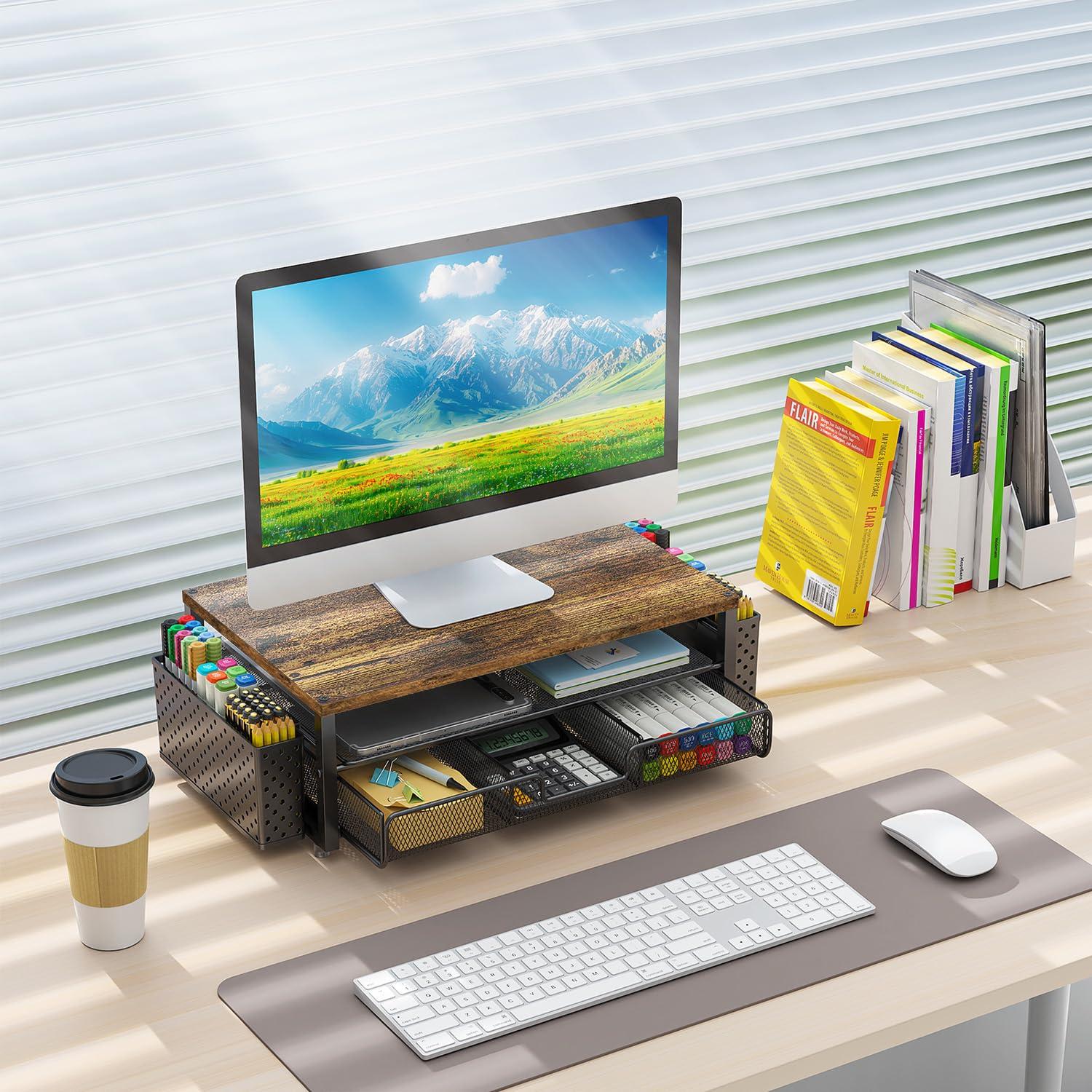 gianotter Monitor Stand Riser, Office Desk Shelf Organizer, Desk Organizer with Drawer and Pen Holder, 2-Tier Computer Stand, Office Organization (Wood) - Image 2