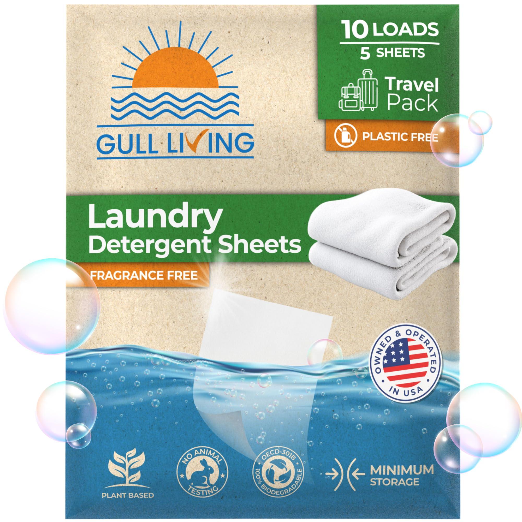 Gull Living Non-Toxic Travel Laundry Detergent Sheets Unscented - 10 Loads Pack - Travel Detergent - Ideal Laundry Eco Soap 5 Sheets