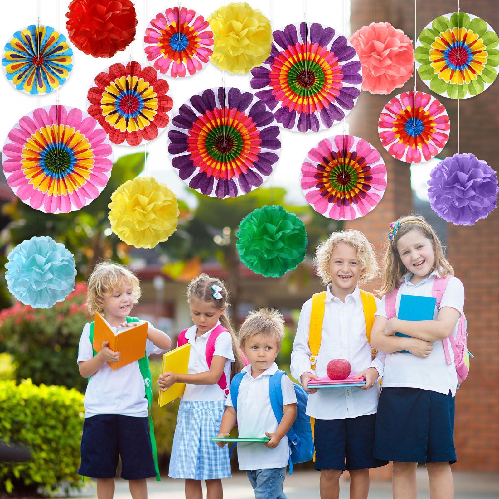 Outus 21 Pcs Spring Flower Hanging Paper Fans Flower Paper Fans Classroom Decorations Springtime Summer Tissue Pom Poms for Ceiling Wedding Birthday Party Supply Classroom Decor(Spring Flower) - Image 7