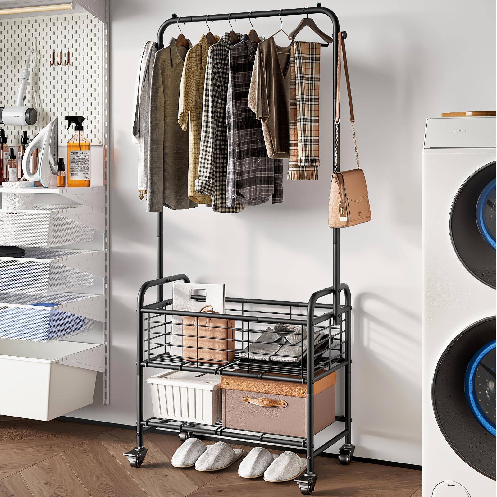 SUOERNUO Laundry Cart with Hanging Rack Rolling Laundry Hamper Sorter with Wheels Shelf,Black - Image 4
