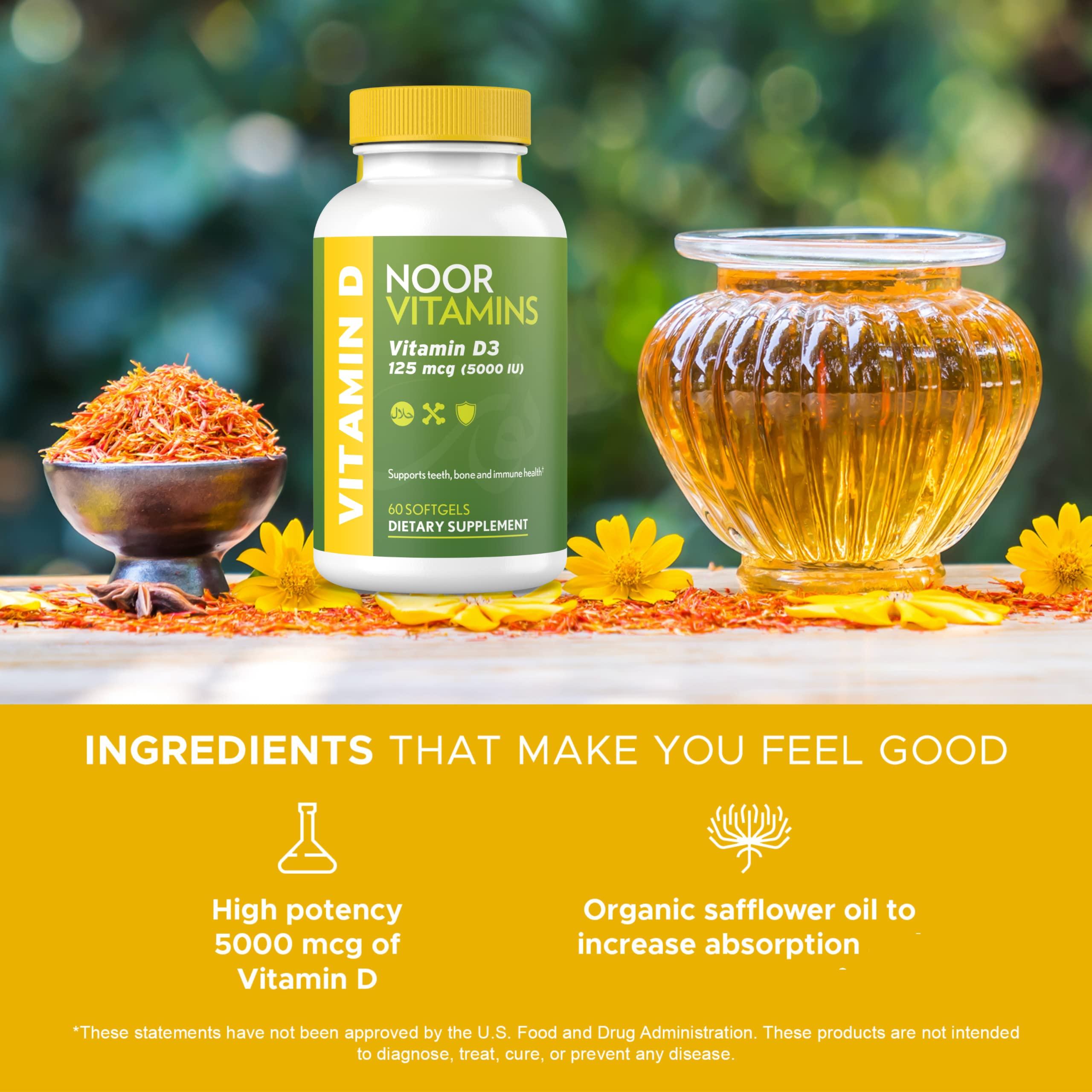 Noor Vitamins Halal Vitamin D, Halal Vitamin D3, 5000 IU Softgels, Supports Bone, Immune & Heart Health, from Safflower Oil to Maximize Absorption, Non-GMO, Gluten Free & Halal (60 Count)… - Image 6