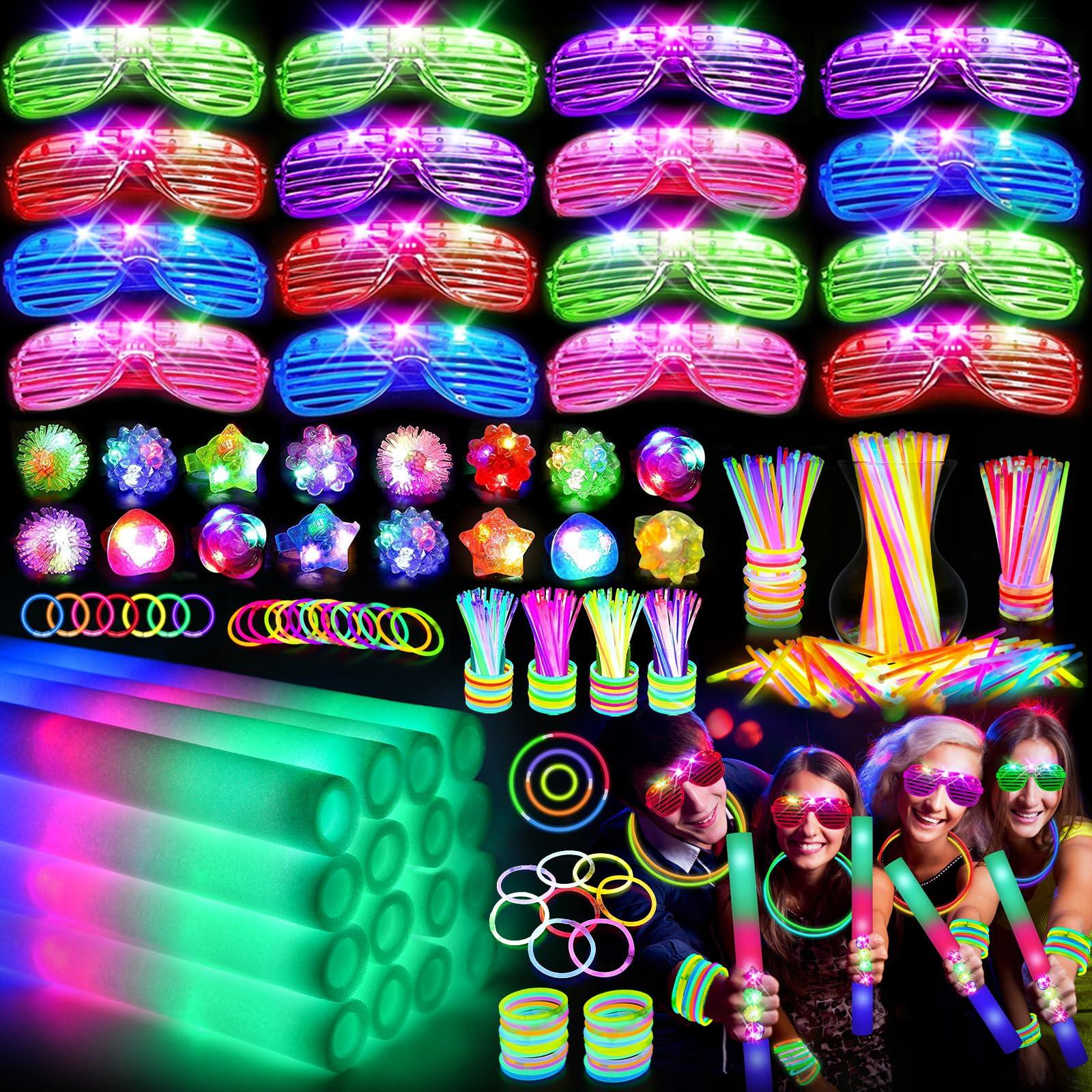 OLUPP 150 PCS Glow in the Dark Party Supplies, 16 Foam Sticks, 16 LED Glasses, 100 Glow Sticks and 18 Finger Lights for Neon Party, Wedding, Birthday, Concert, New Year, Carnivals, Raves