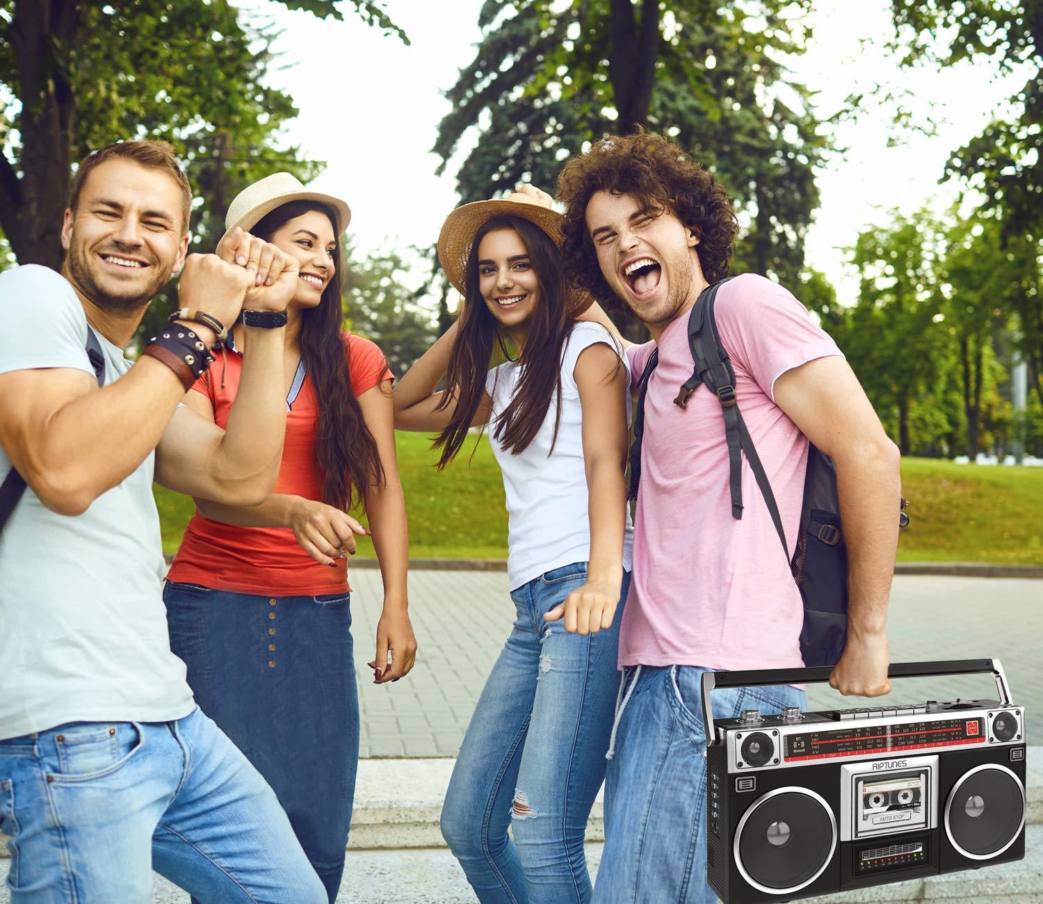 Riptunes Boombox Radio Cassette Player Recorder, AM/FM -SW1/SW2 Radio, Wireless Streaming, USB/Micro SD Slots, Aux in, Headphone Jack, Classic 80s Style Retro, Black - Image 5