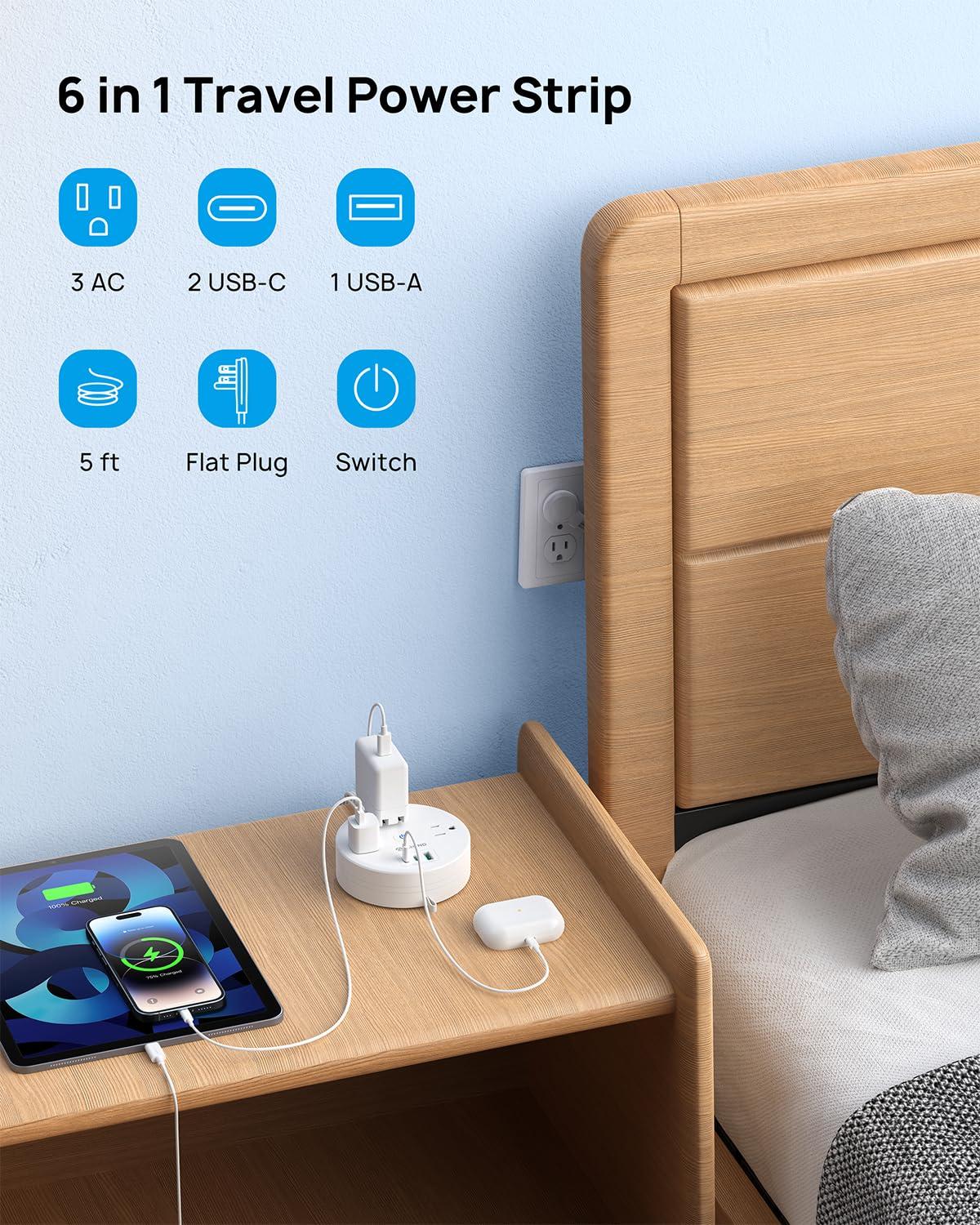 TROND 20W USB C Travel Power Strip - Retractable Extension Cord 5ft Ultra Thin Flat Plug, Power Strip with 3 AC Outlets and USB C Fast Charging, Cruise Ship Essentials, for Home Hotel Dorm Room, White - Image 7