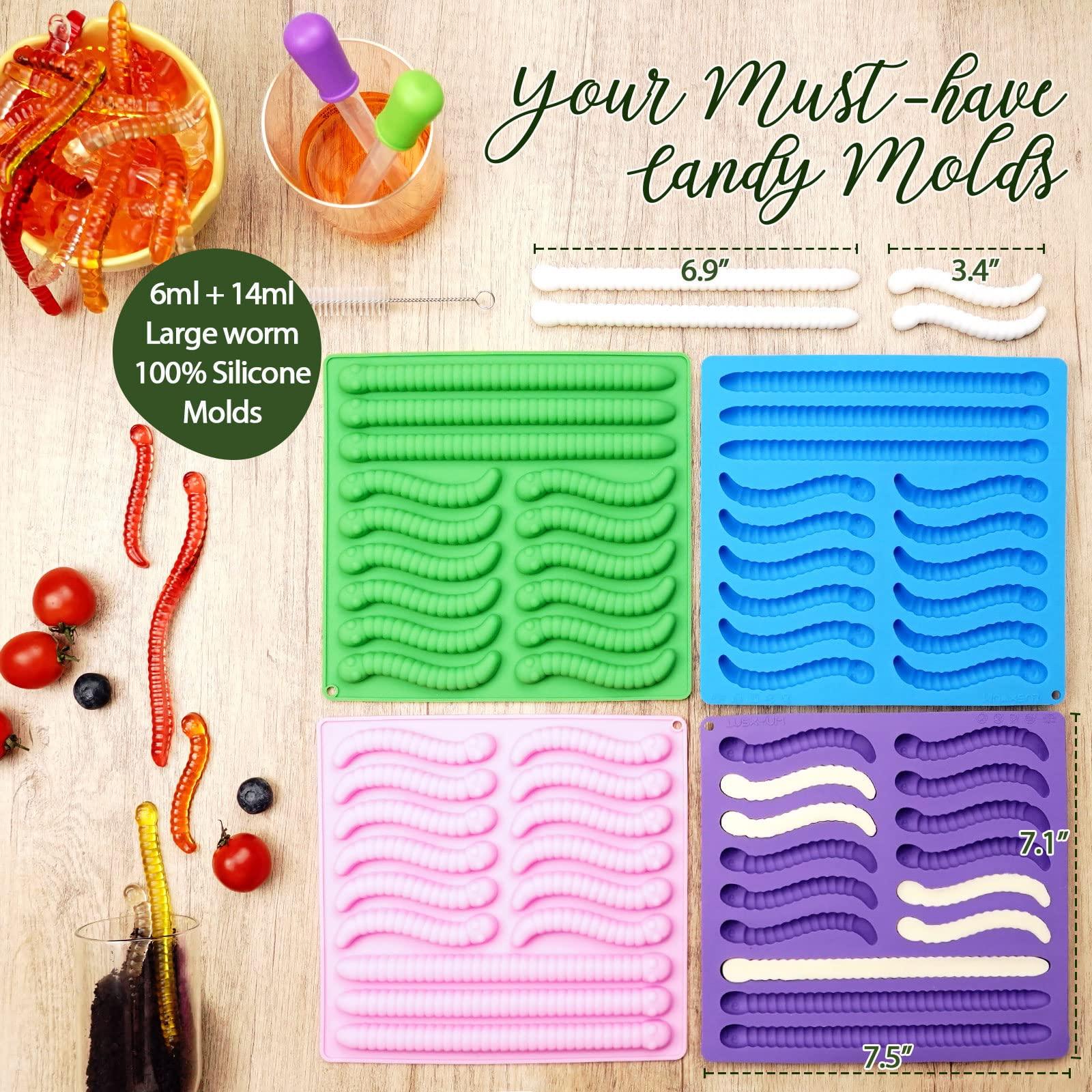 LUSHYUM Gummy Worm Molds Silicone 6ML 14ML, 4PCS Non-Stick Silicone Large Worm Molds for Chocolate Gummy Candy 60 Cavity with 2 Droppers & Brush, Ideal Gift for Kids Adult Halloween Party - Image 6