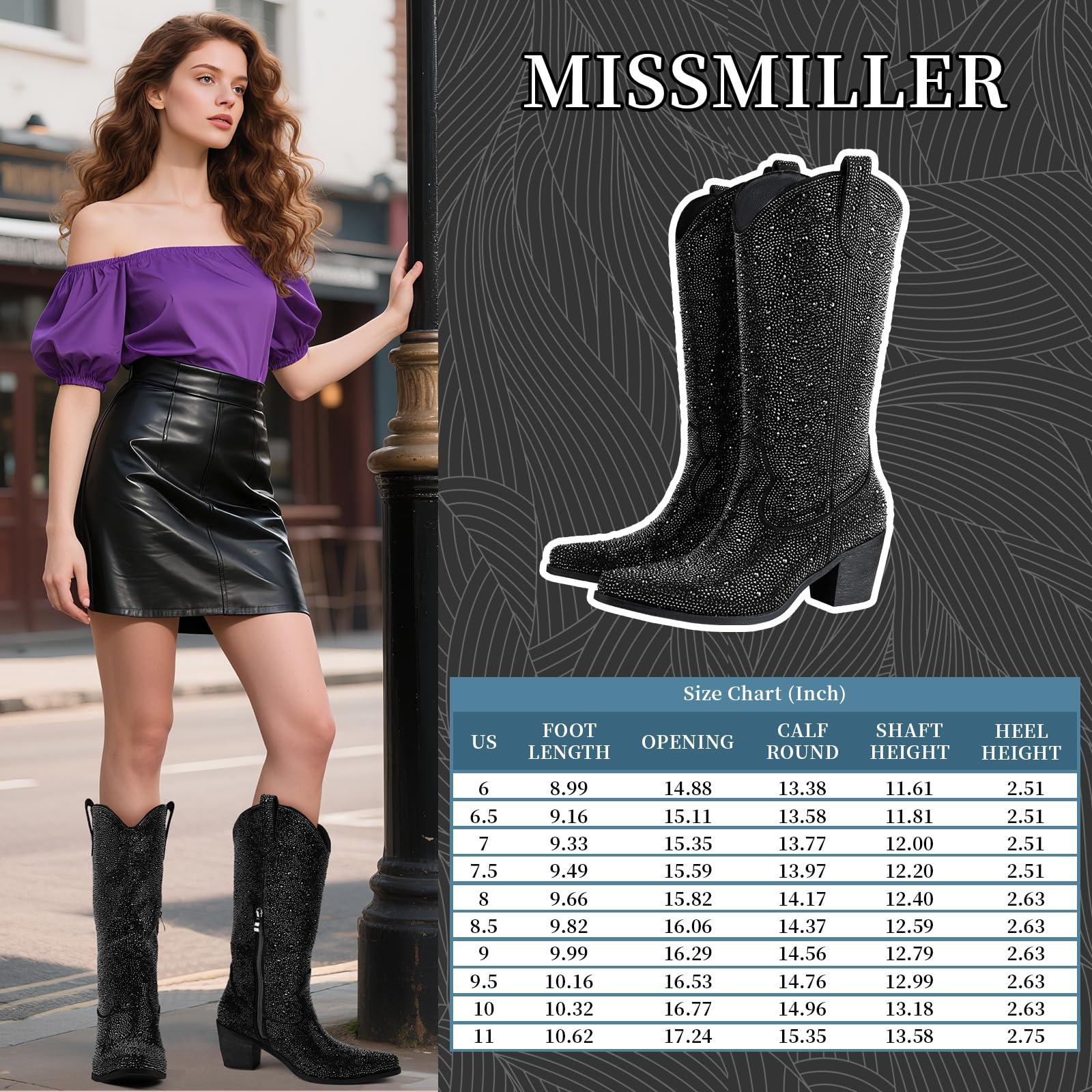 MISSMILLER Women’s Rhinestone Cowboy Boots Mid Calf Pointed Toe Sparkly Block Heel Cowgirl Boots with Pull On Tabs - Image 5
