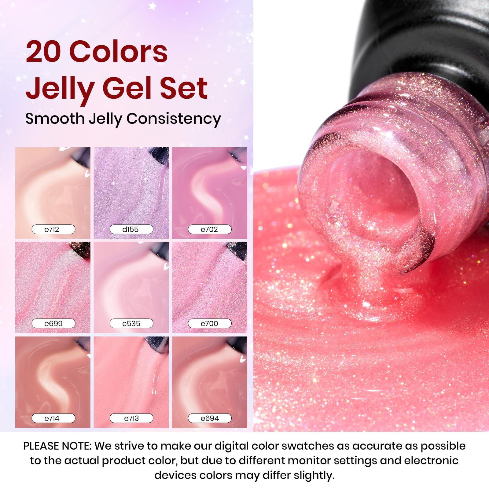 Beetles Jelly Gel Nail Polish Set, 25PCS 20 Colors Sheer Neutral Nude Pink Glitter Milky White Gel Nail Kit Soak Off UV with Base Glossy Matte Top Coat Pearls Rhinestones Nail Charms Gift for Women - Image 5