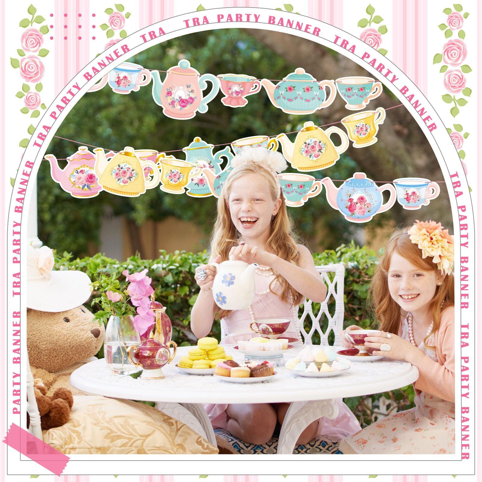 Faccito 5 Pcs Vintage Tea Party Decoration Banner Double Sided Floral Tea Party Hanging Teapot Cutout Paper Banner Assembled for Bridal Shower Birthday Decor - Image 6