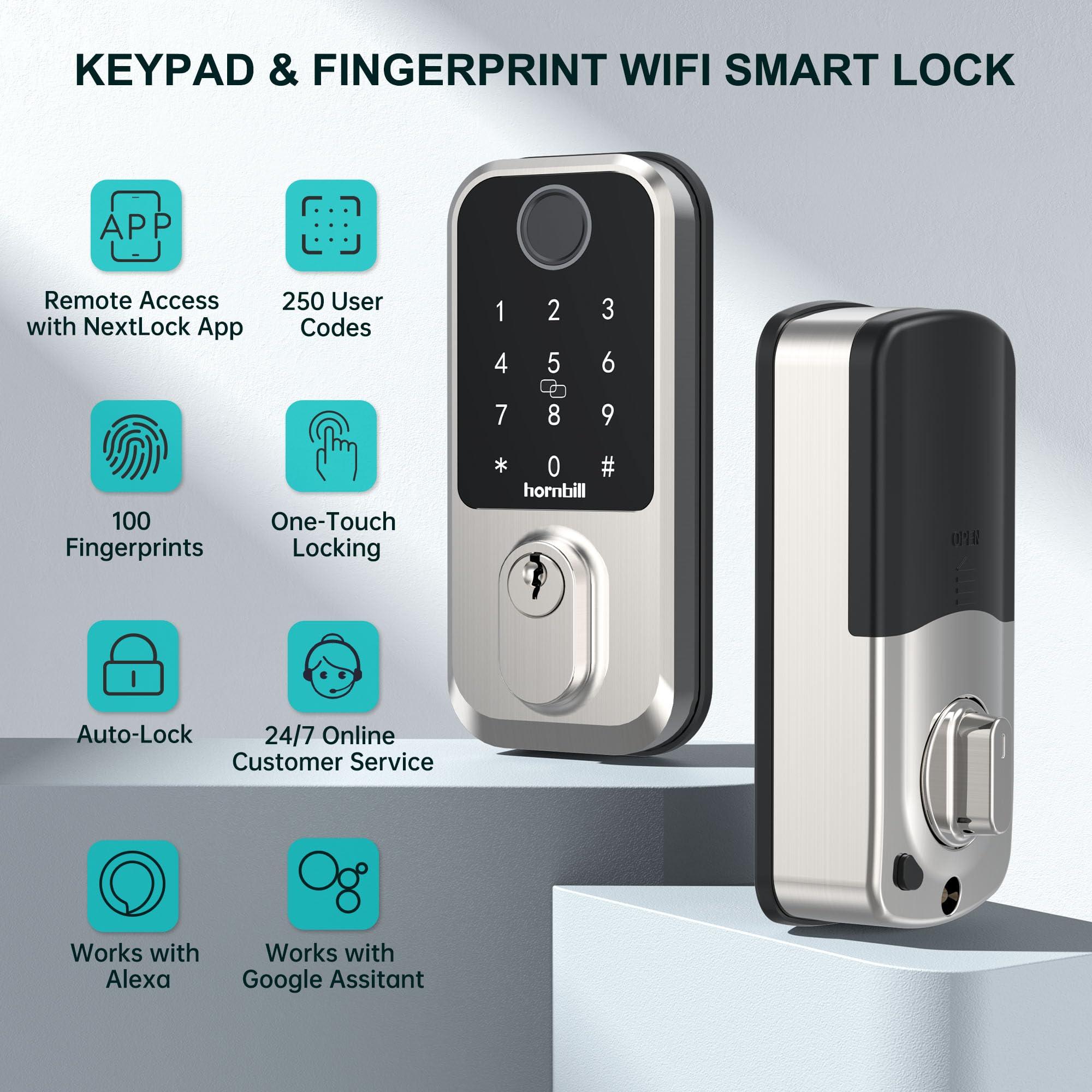 Wi-Fi Smart Deadbolt Keyless Entry: 9-in-1 Hornbill Smart Lock for Front Door, Smart Deadbolt Lock, Electronic Keypad Code Fingerprint Unlock, Works with Alexa for Home Office Hotel, Satin Nickel - Image 2