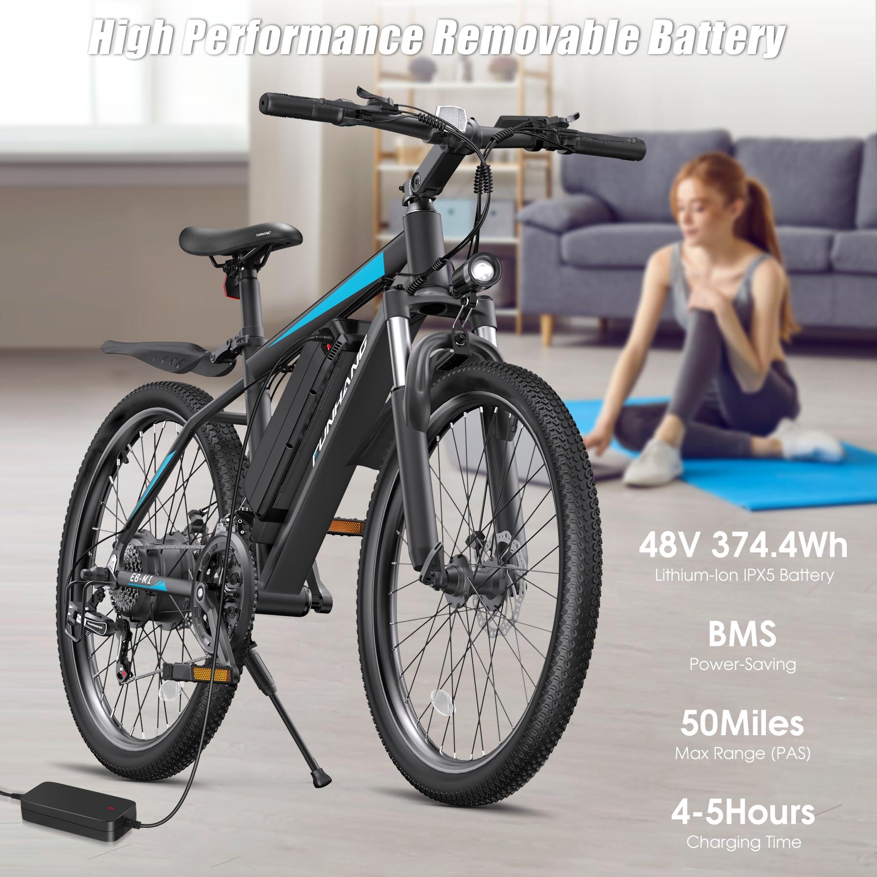 Funhang Electric Bike for Adults, Peak 1000W Ebike, 50Miles 21.7MPH Adult Electric Bicycles, 26" Electric Mountain Bike 48V 374.4WH Battery, Commuter E Bike with Adjustable Stem, Fenders, 21 Speed - Image 3