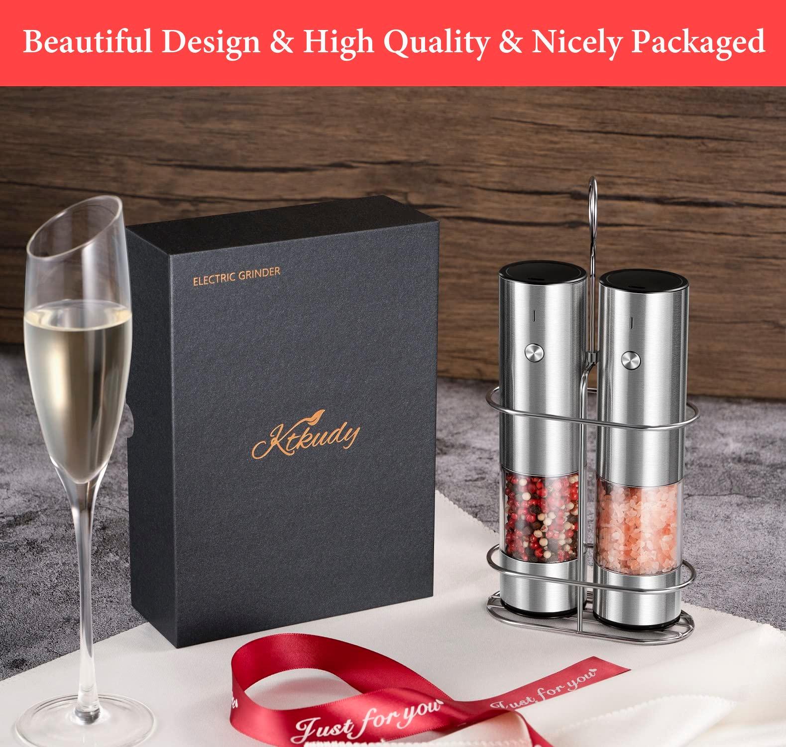 Rechargeable Electric Salt and Pepper Grinder Set with Holder - Nicely Packaged Giftable - No Battery Needed - Automatic Pepper Mill & Adjustable Coarseness & LED Light Refillable - Stainless Steel - Image 2