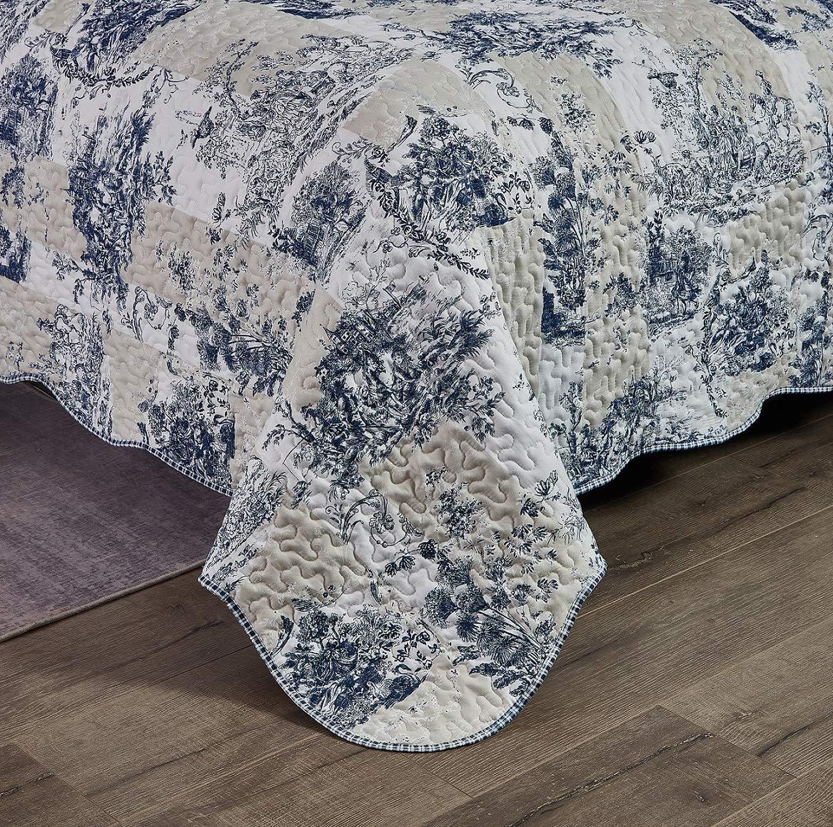 Brilliant Sunshine Blue Toile in Beige and Ivory Patches, 2-Piece Quilt Set with 1 Sham, Reversible Bedspread, Soft Lightweight Coverlet, All-Season, Twin, Blue - Image 5