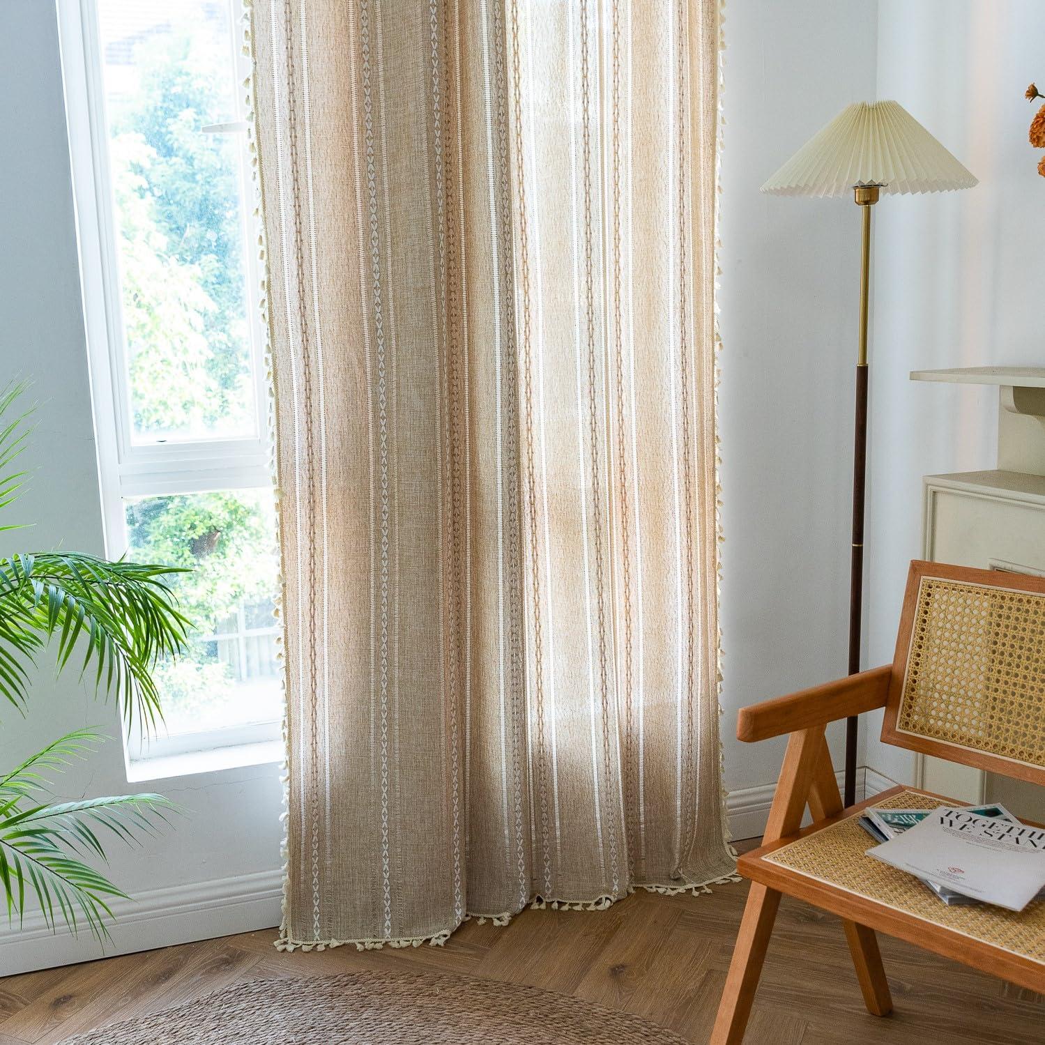 Sutuo Home Boho Curtain for Bedroom Living Room 84 Inches Length, Light Filtering French Country Farmhouse Vintage Chic Tassels Hollow Window Treatment Bohemian Drape, 1 Panel 52" W x 84" L Natural - Image 5