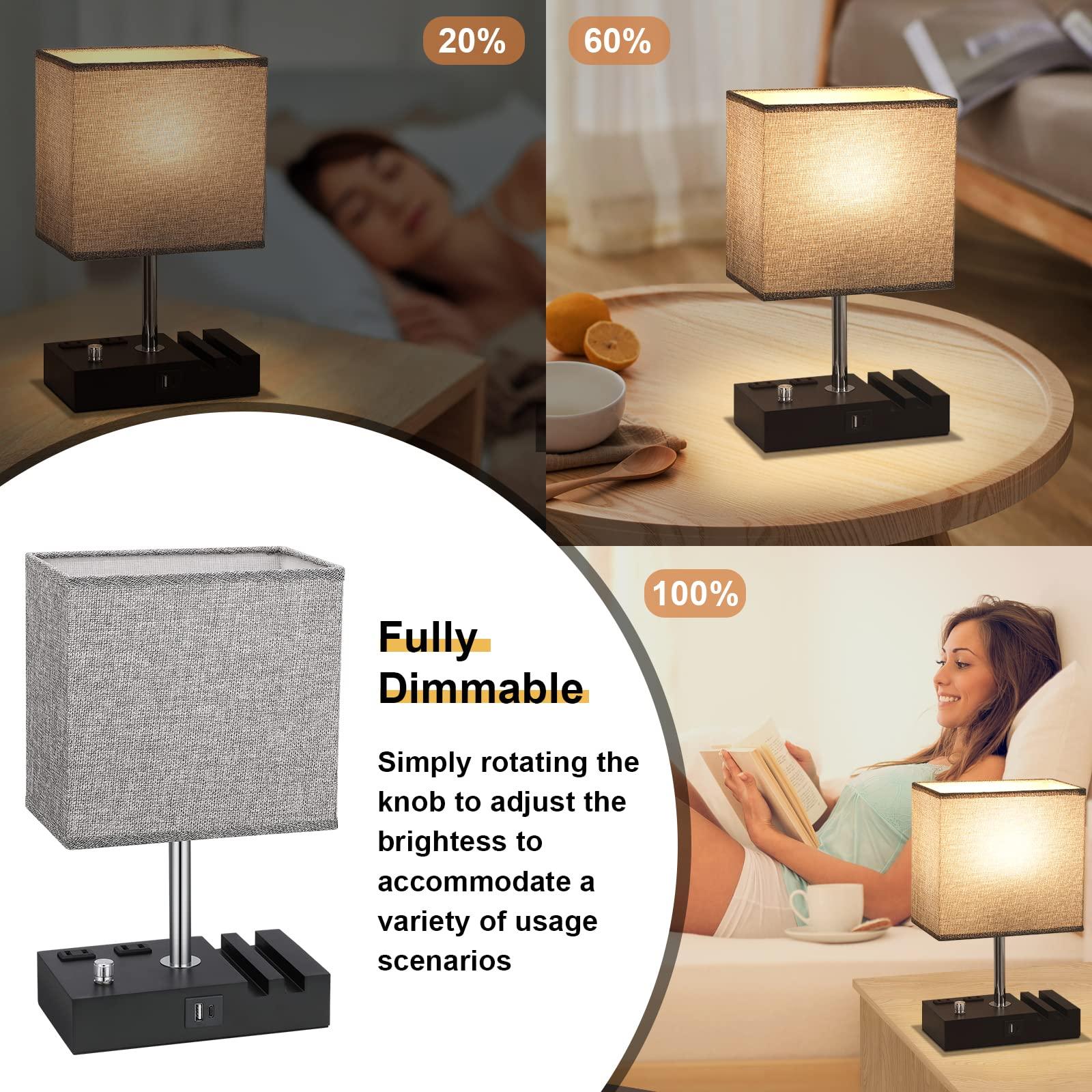 Kakanuo Fully Dimmable Nightstand Lamp for Bedroom with USB C Ports, Grey Small Bedside Table Lamp with Charging Outlets and Phone Stands, Wooden Desk Lamp for Living Room, LED Bulb Included - Image 2