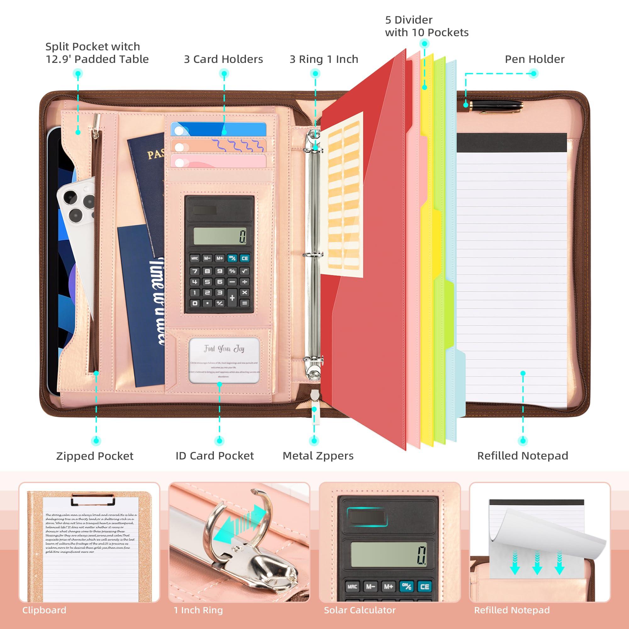 Ospelelf Clipboard with Storage, 3 Ring Binder with Zipper, Leather Padfolio Portfolio Folder, Calculator, 12.1” Tablet Sleeve, 5 Dividers with Pocket|Refillable Notepad, Card Slot (Rose Gold) - Image 3