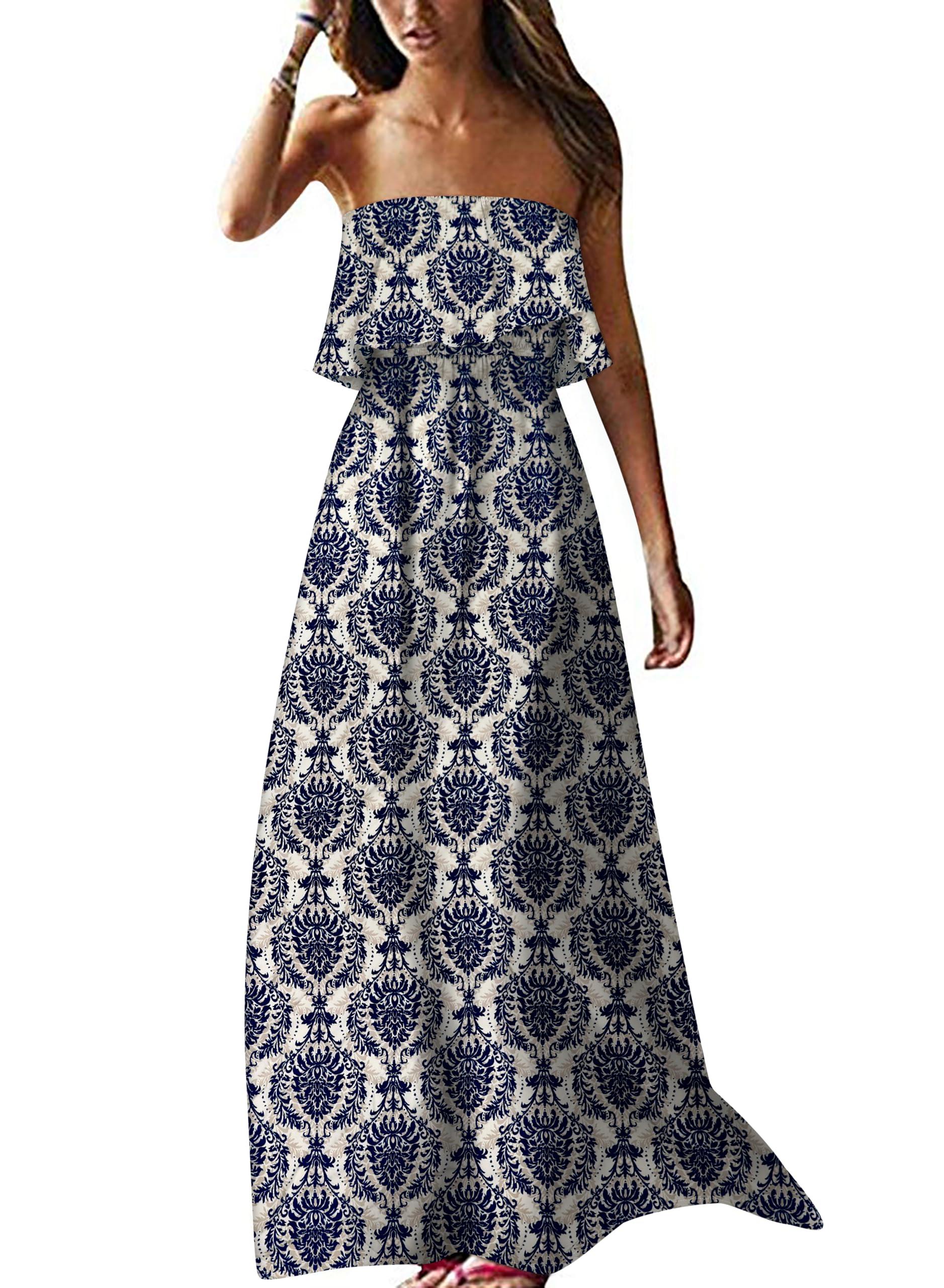 ZMPSIISA Women's Summer Off The Shoulder Maxi Dress Ruffle Strapless Blue White Porcelain Boho Casual Loose Long Dresses