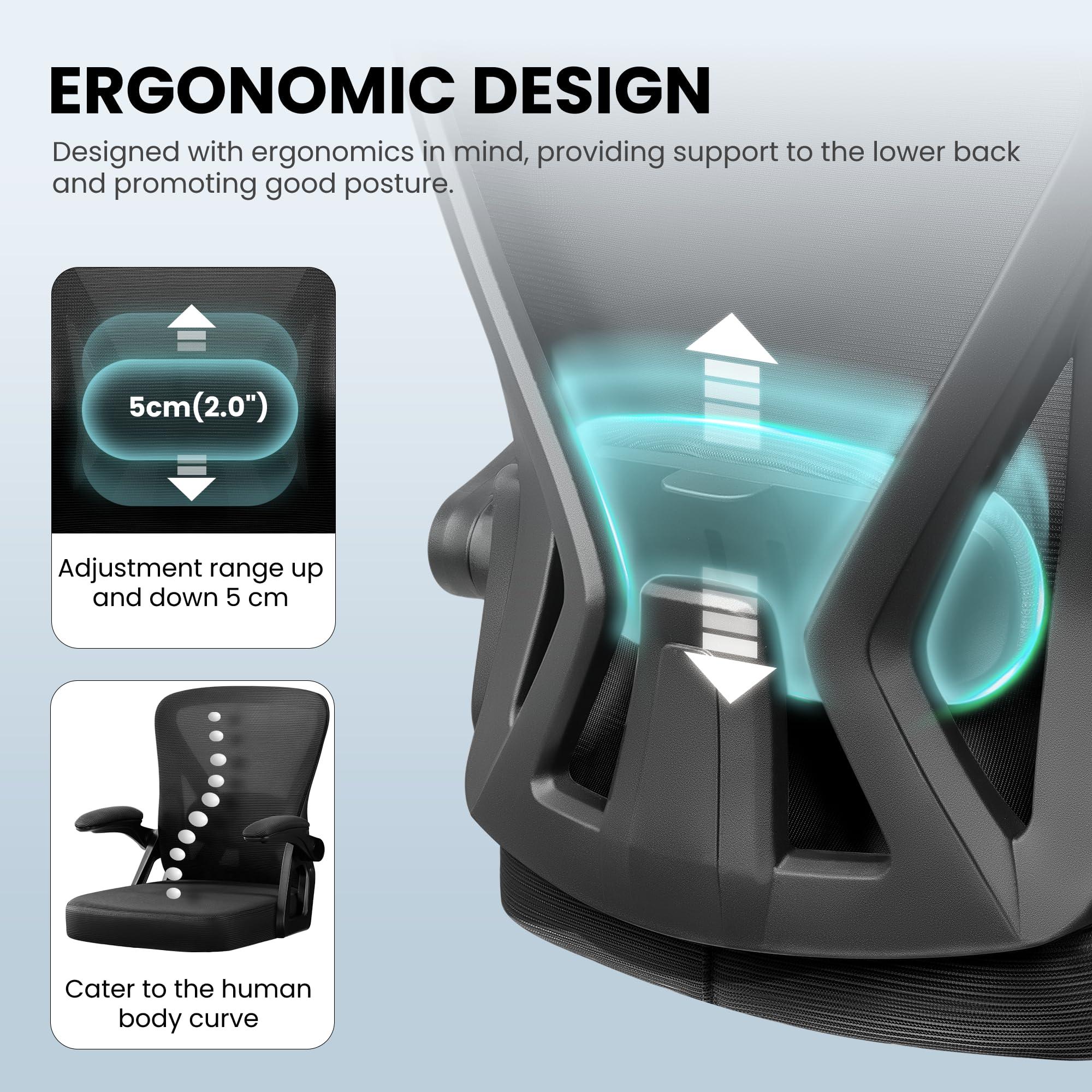 Office Chair, Ergonomic Home Computer Desk Chairs, Comfy Breathable Mesh Chair with Adjustable Lumbar Support Flip-up Armrests, Executive Task Chair with High Back for Home Office Rolling Swivel Chair - Image 4