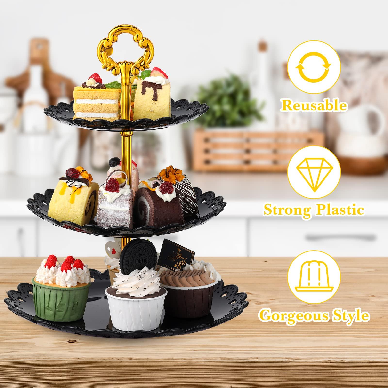 9 Pcs Black Cupcake Display Set Includes 6 Rectangle Cupcake Stand and 3 Pcs Round 3-Tier Serving Tray Dessert Stand for Wedding Birthday Party Baby Shower(Flower Style) - Image 5
