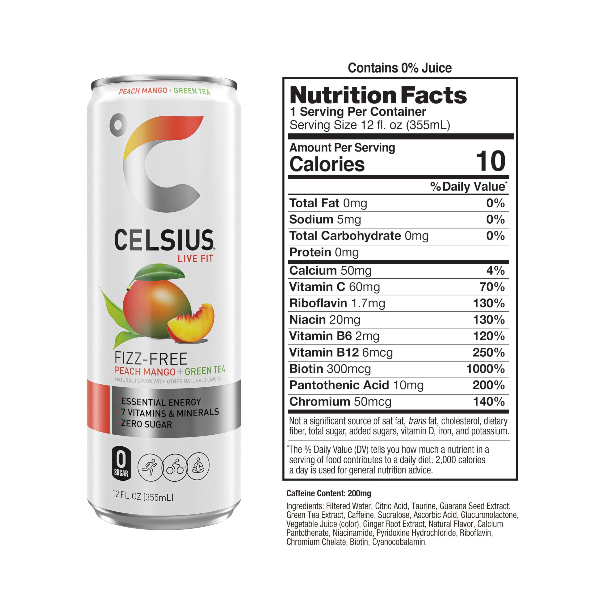 CELSIUS Peach Mango Green Tea, Functional Essential Energy Drink 12 Fl Oz (Pack of 12) - Image 2