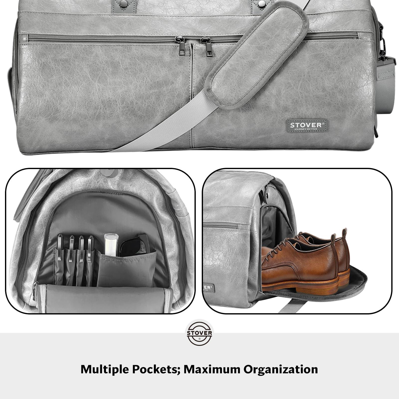 STOVER Garment Travel Duffle Bag, Large 2-in-1 Convertible Carry-on Luggage for Men & Women- Hanging Suits, Dresses & Clothes + Shoe Compartment- Weekender Tote Combo Duffel (Grey Leatherette) - Image 5