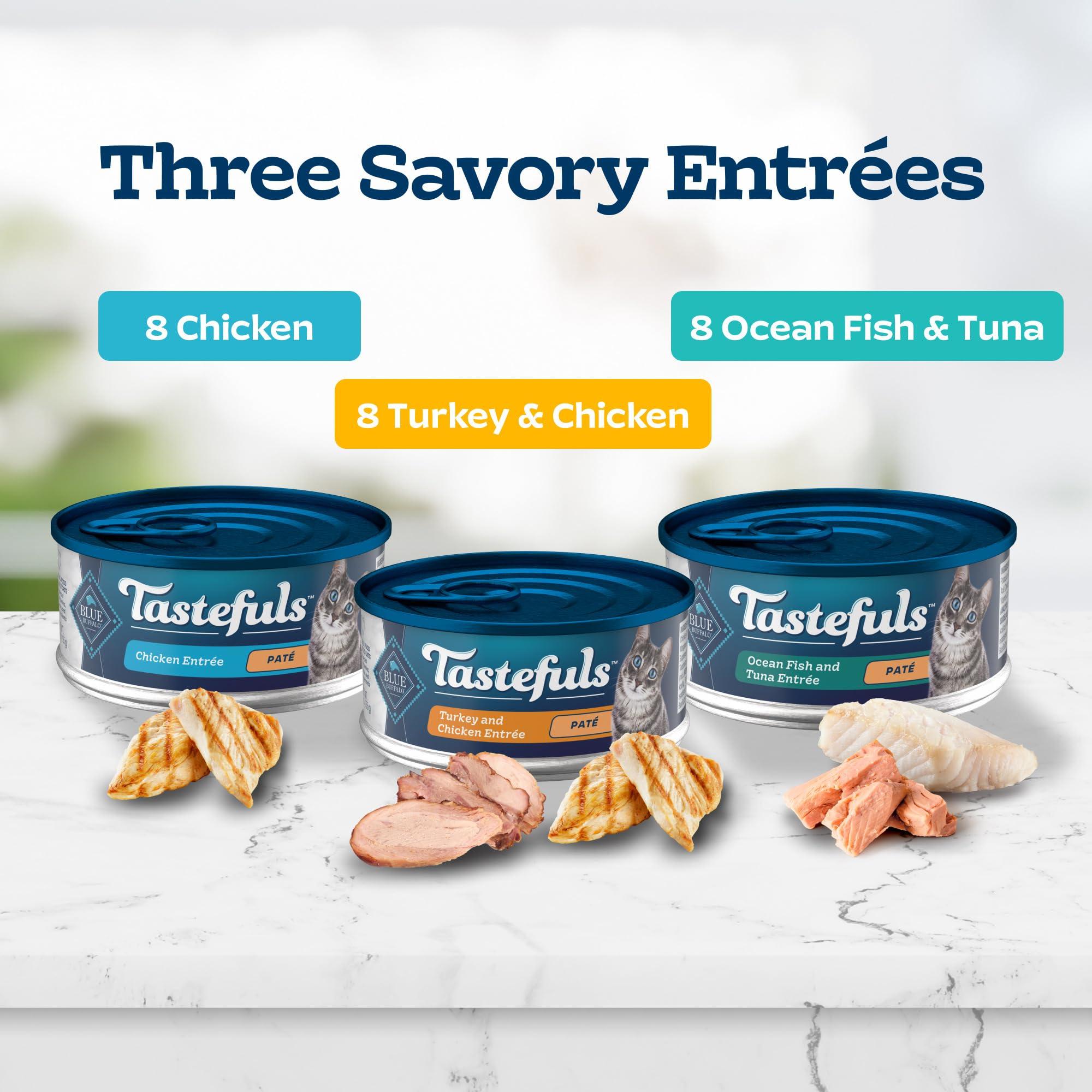 Blue Buffalo Tastefuls Wet Cat Food Paté Variety Pack, Made with Natural Ingredients, Chicken, Turkey & Chicken, Ocean Fish & Tuna Entrées, 5.5-oz Cans (24 Count, 8 of Each) - Image 3