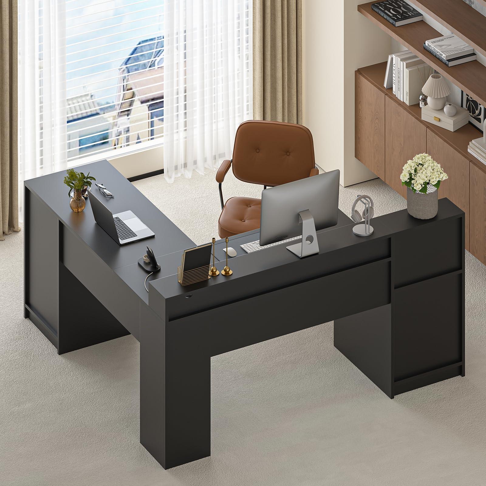 YOMILUVE 63" Farmhouse L Shaped Desk with Drawers & Storage Shelf, Corner Computer Desk with Power Outlets for Home Office, Executive Desk with Monitor Stand, Printer Shelf, Black - Image 8