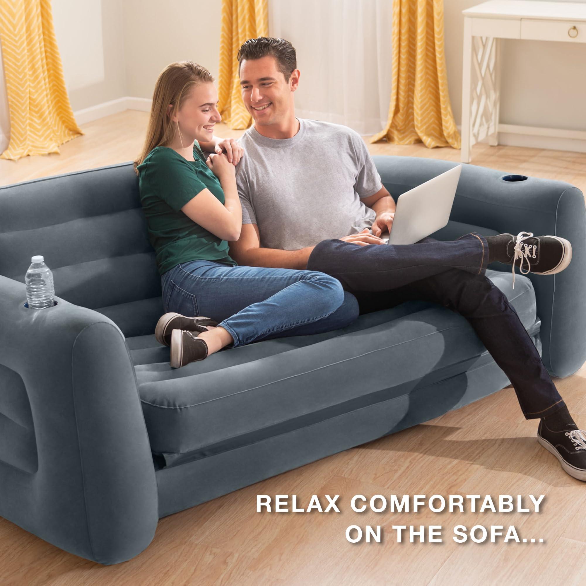 Intex Inflatable Pull-Out Sofa: Velvety Surface, 2-in-1 Valve, Cupholder, 46" x 88" x 26" - Blow-Up Couch and Folding Queen Size Air Mattress Bed - Image 2