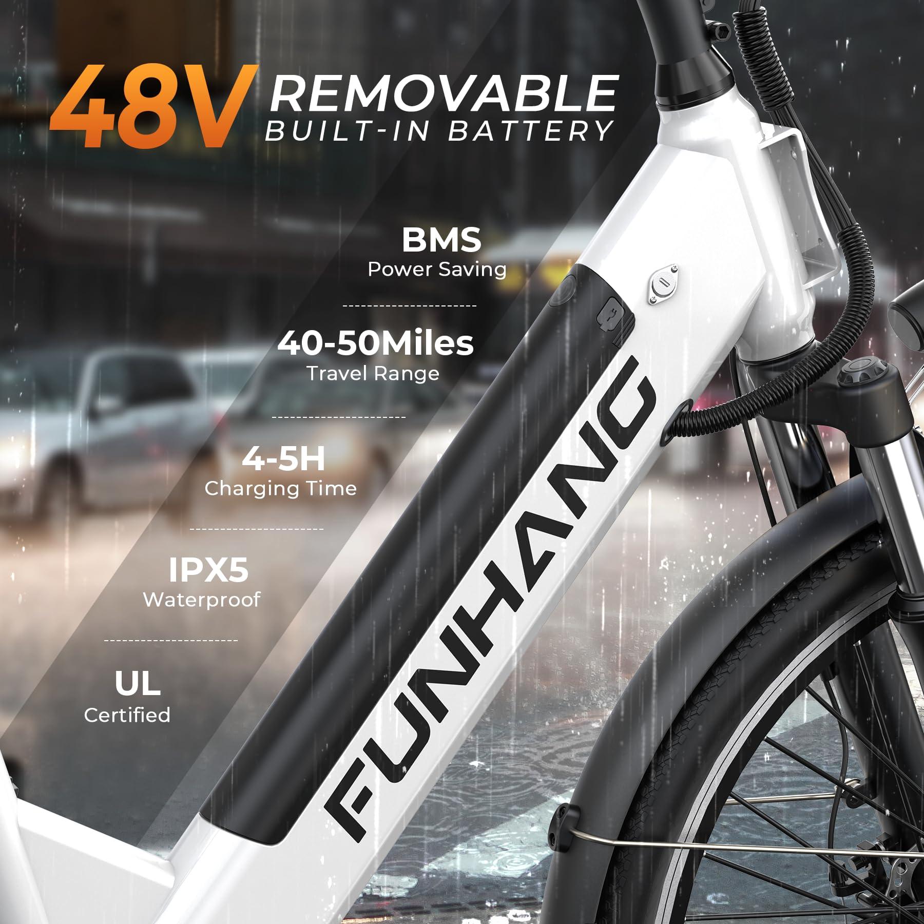Funhang Electric Bike for Adults, 1000W Peak EBike, 50 Miles 21.7MPH Adult Electric Bicycles with 48V Built-in Removable Battery, Adjustable Stem, Rear Rack, 7 Speed, 26" Step-Thru E Bike for Commute - Image 3