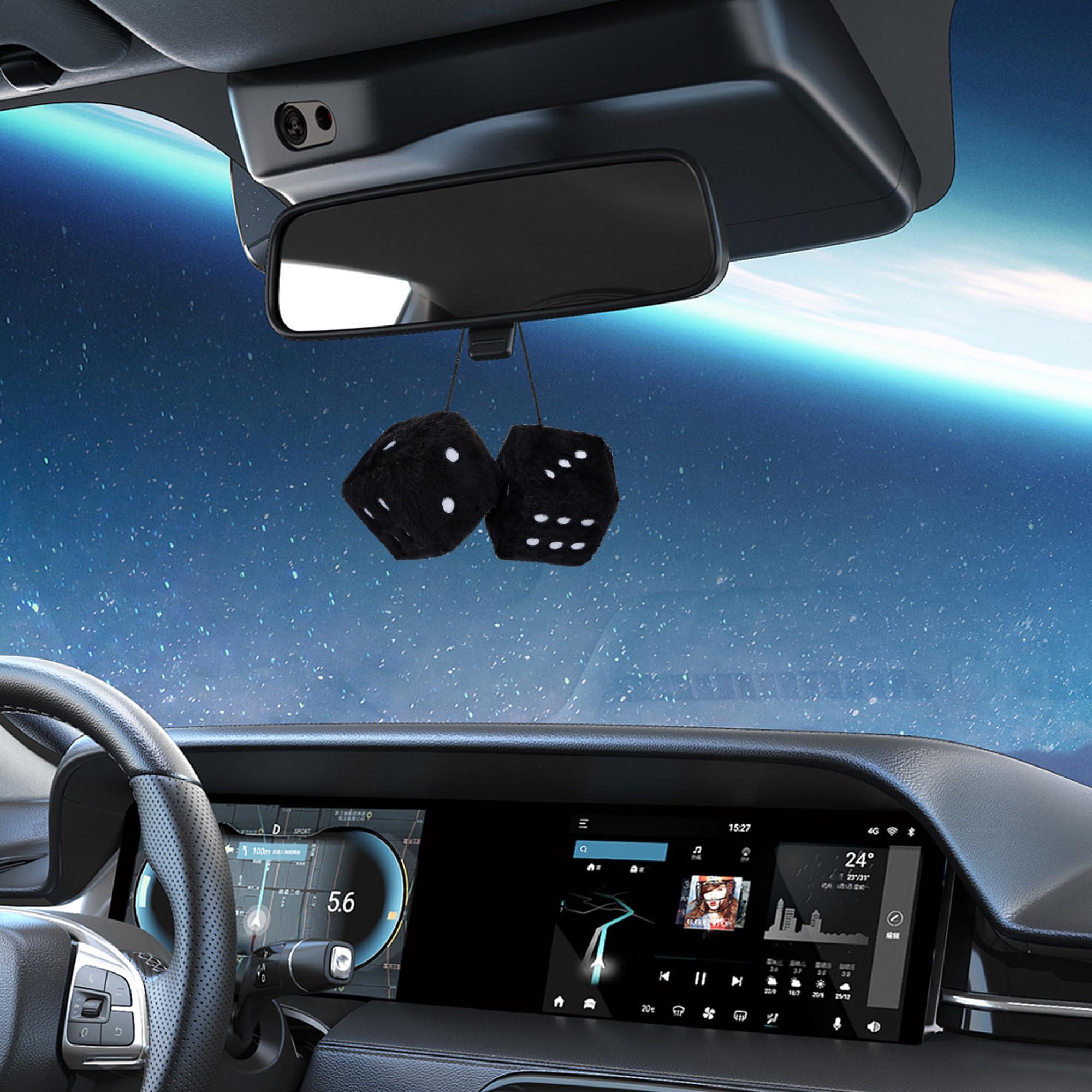 Couslcd Pair Fuzzy Plush Dice for Car Mirror, 2.75'' Retro Square Car Mirror Hanging, Universal Auto Rearview Mirror Ornament, Couple Pendant Charms, Car Accessories for Women (Black) - Image 5