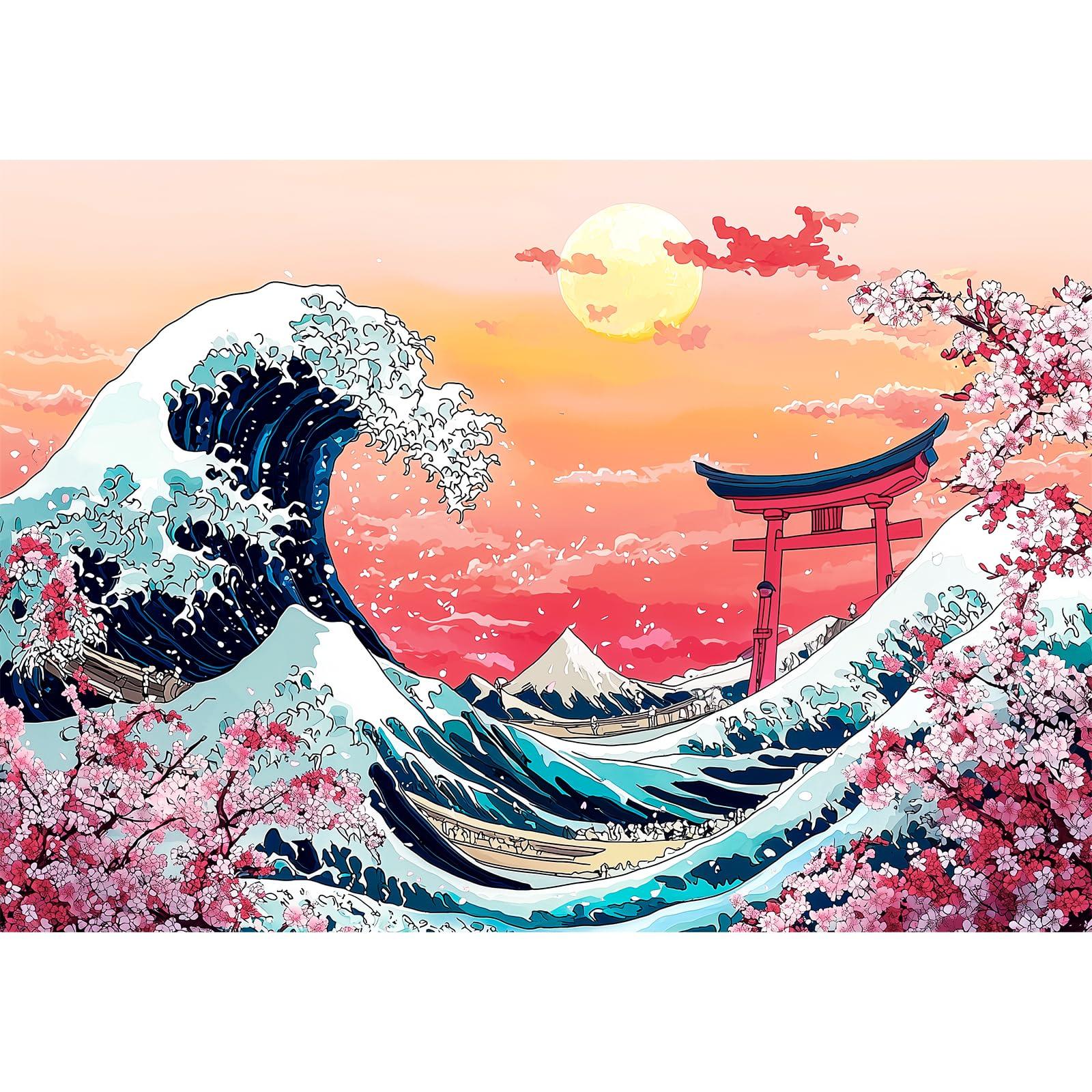 Lxmsja Cherry Blossom Diamond Art Kits for Adults, Great Wave DIY Full Drill Diamond Painting Kits for Beginners, 5D Gem Art Crafts for Adults, Home Wall Decor 16x12 inch