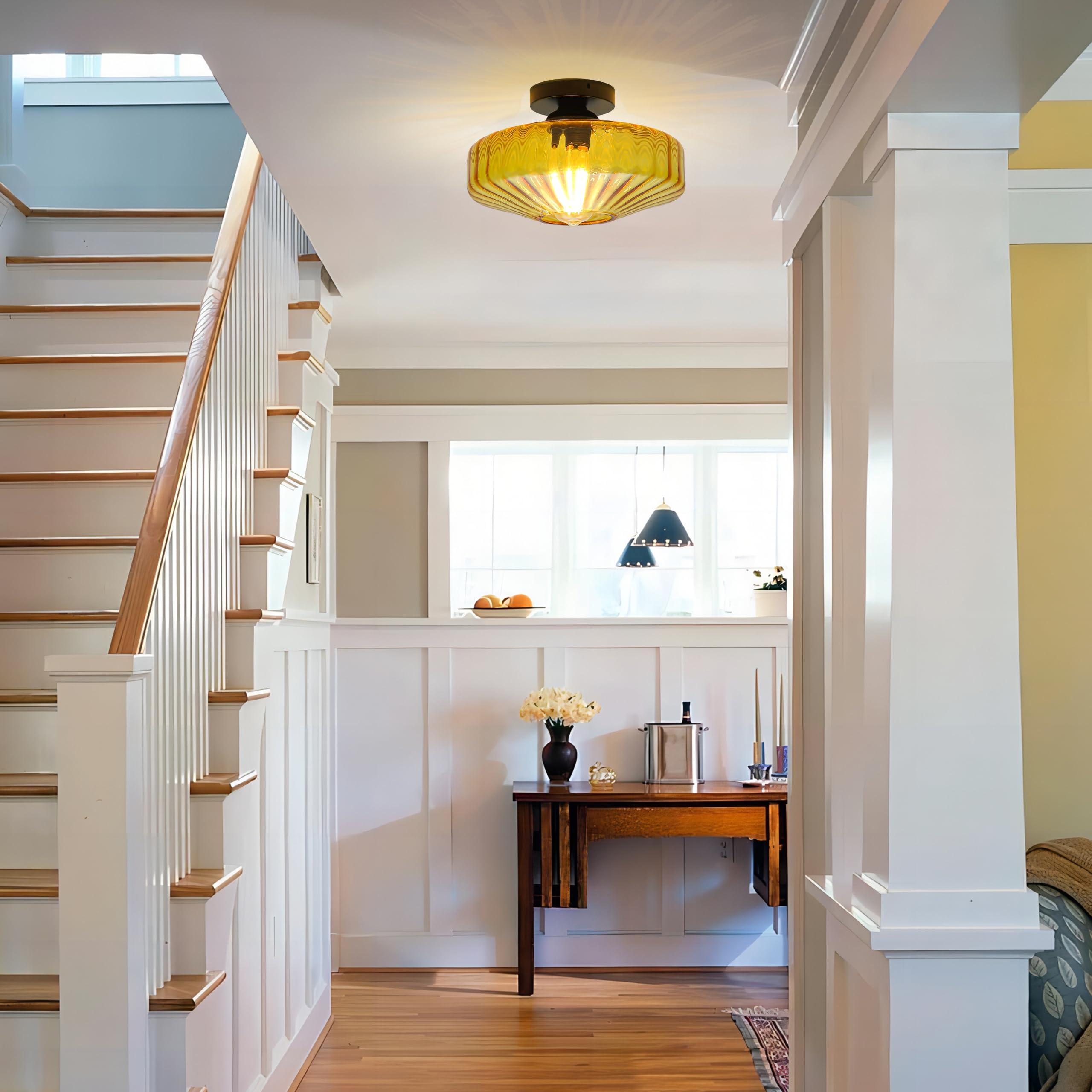 FCTWAKS Semi Flush Mount Ceiling Light, 11.8" Mid Century Modern 1-Light Close to Ceiling Light Fixtures with Drum Amber Glass Shade for Bedroom Entryway Hallway Porch Foyer - Image 5