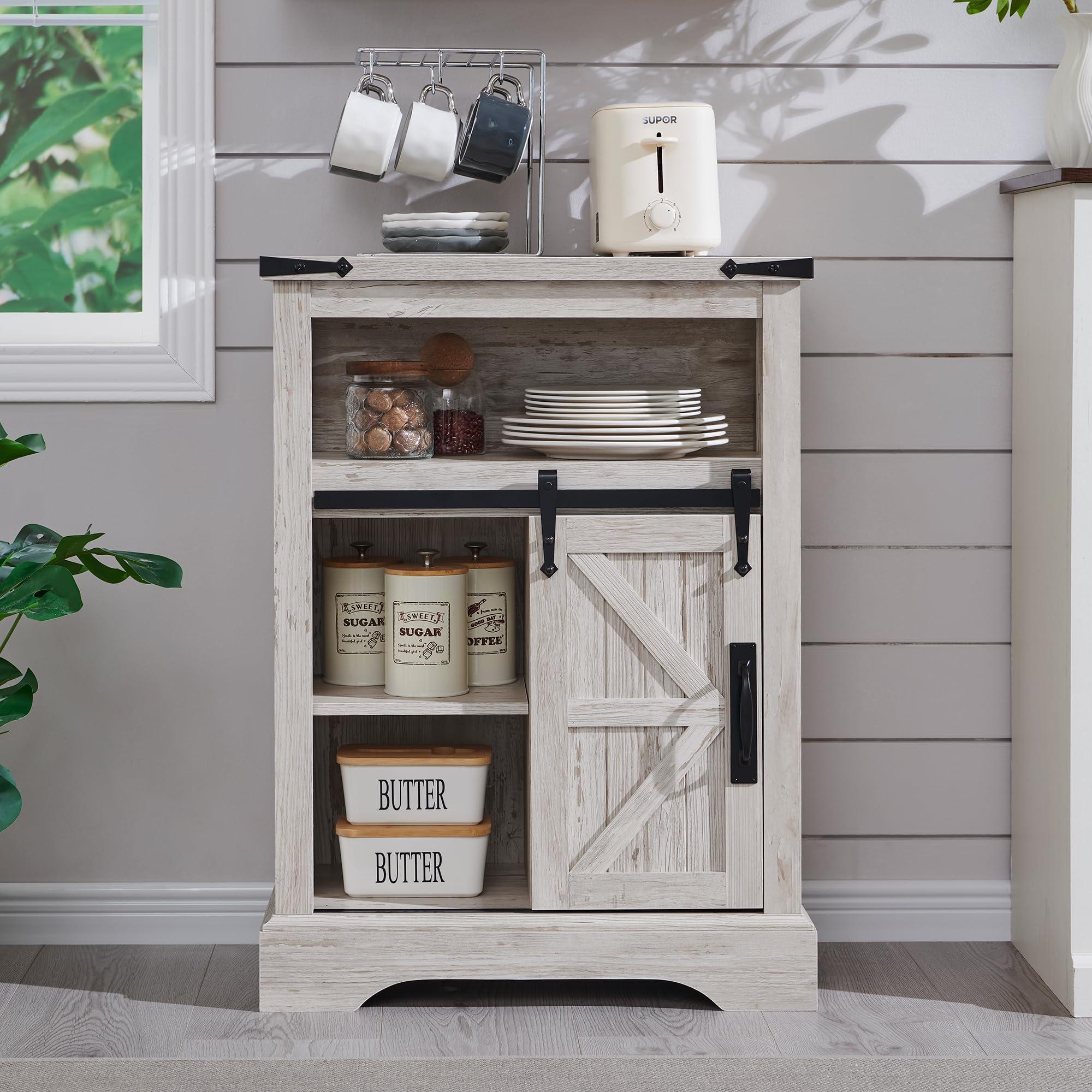 RedLemon Farmhouse Small Bathroom Storage Cabinet, 32" Tall with Drawers & Sliding Barn Door, Small Storage Cabinet for Living Room, Bathroom, Kitchen, Antique Brush White