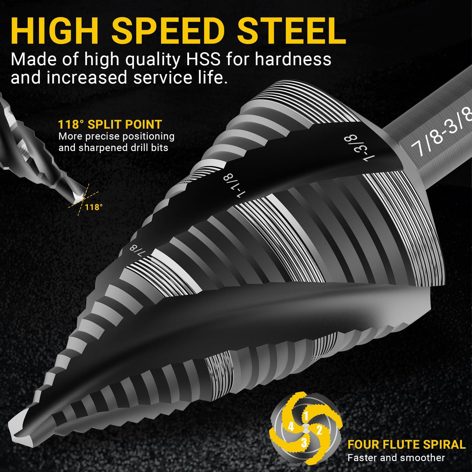 KAKILFOB Four Spiral Flute Step Drill Bit Set, 5 Pieces 1/8"-1-3/8" HSS Unibit Step Drill Bit, 1/4" and 3/8" Shank Step Bits for Metal, Aluminum, Wood, Plastic - Image 6